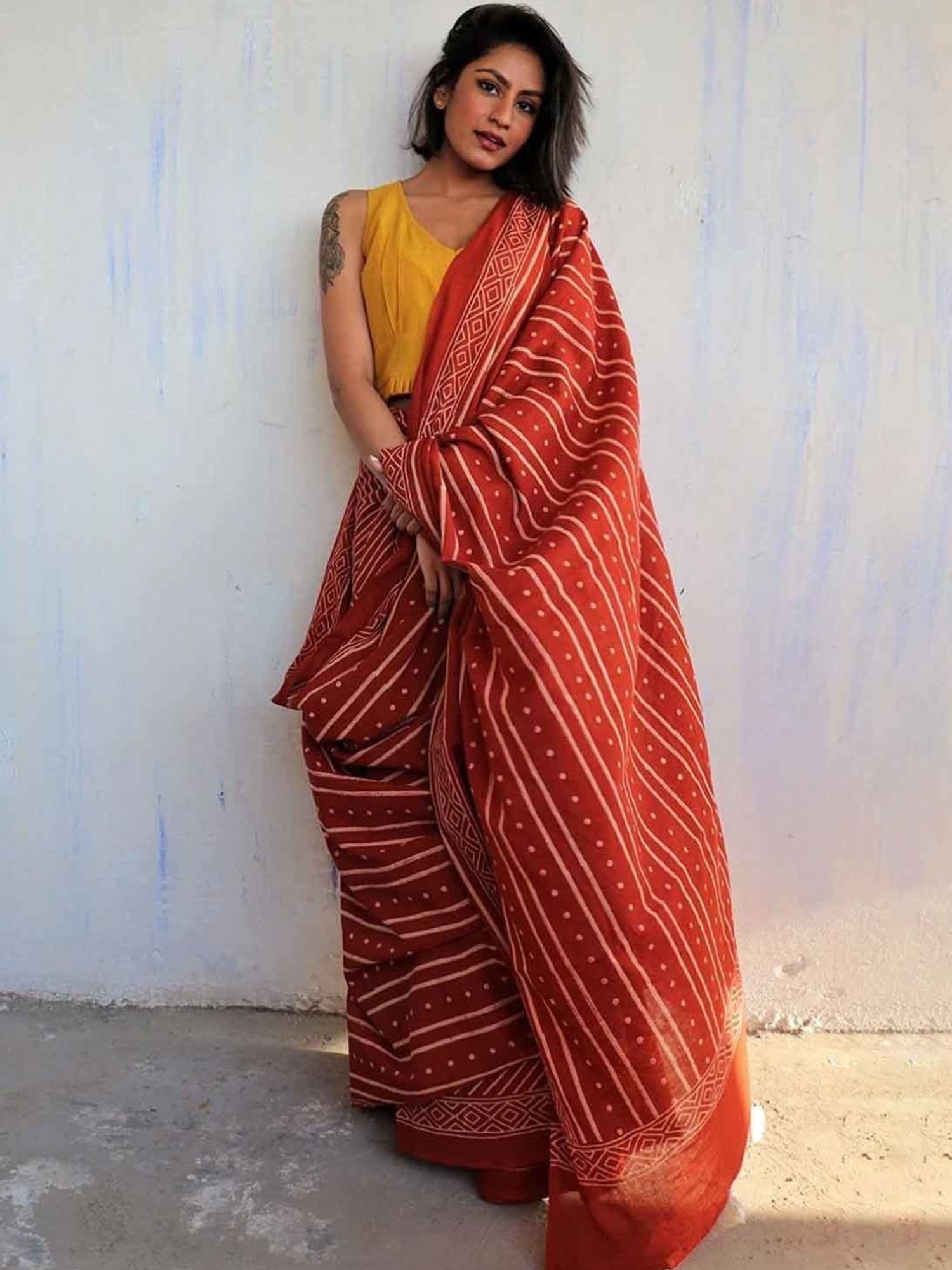 Chidiyaa Rust Block Printed Cotton Mulmul Saree - Butterfly Girls