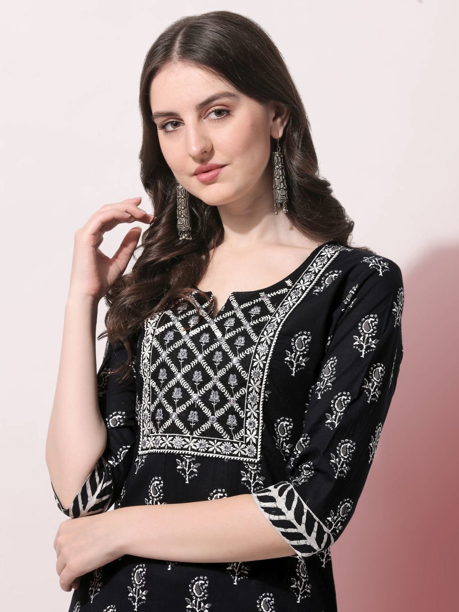 MIRCHI FASHION Black Cotton Embroidered Kurta Pant Set With Dupatta