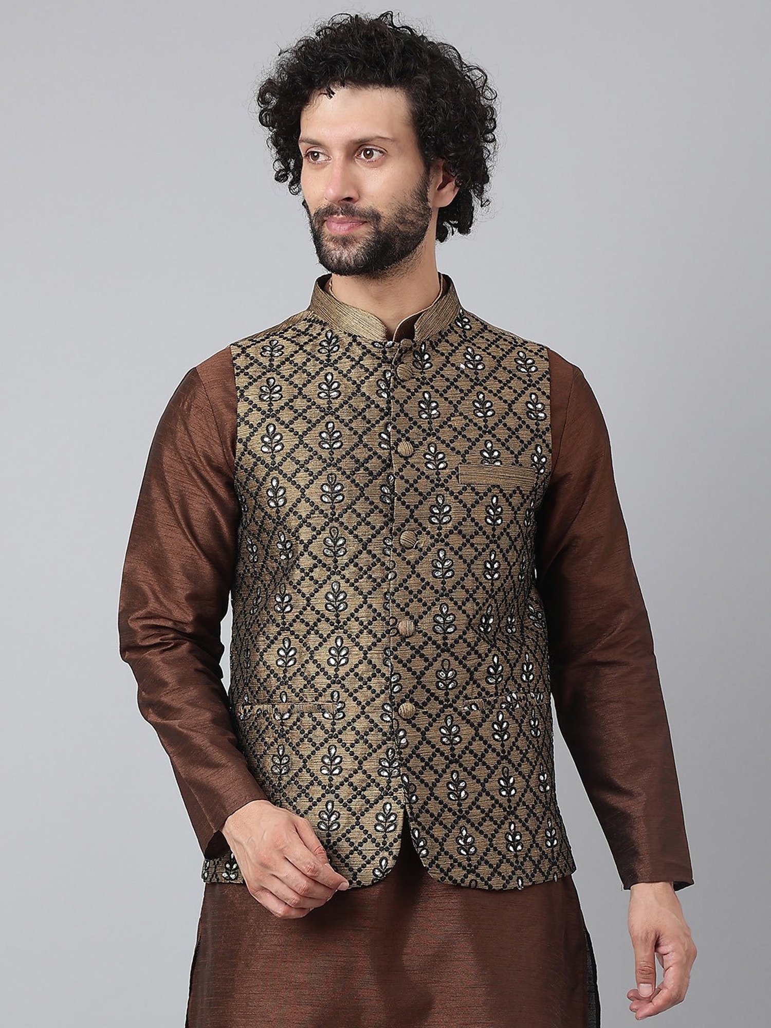 Hangup Plus Brown Regular Fit Embroidered Nehru Jacket