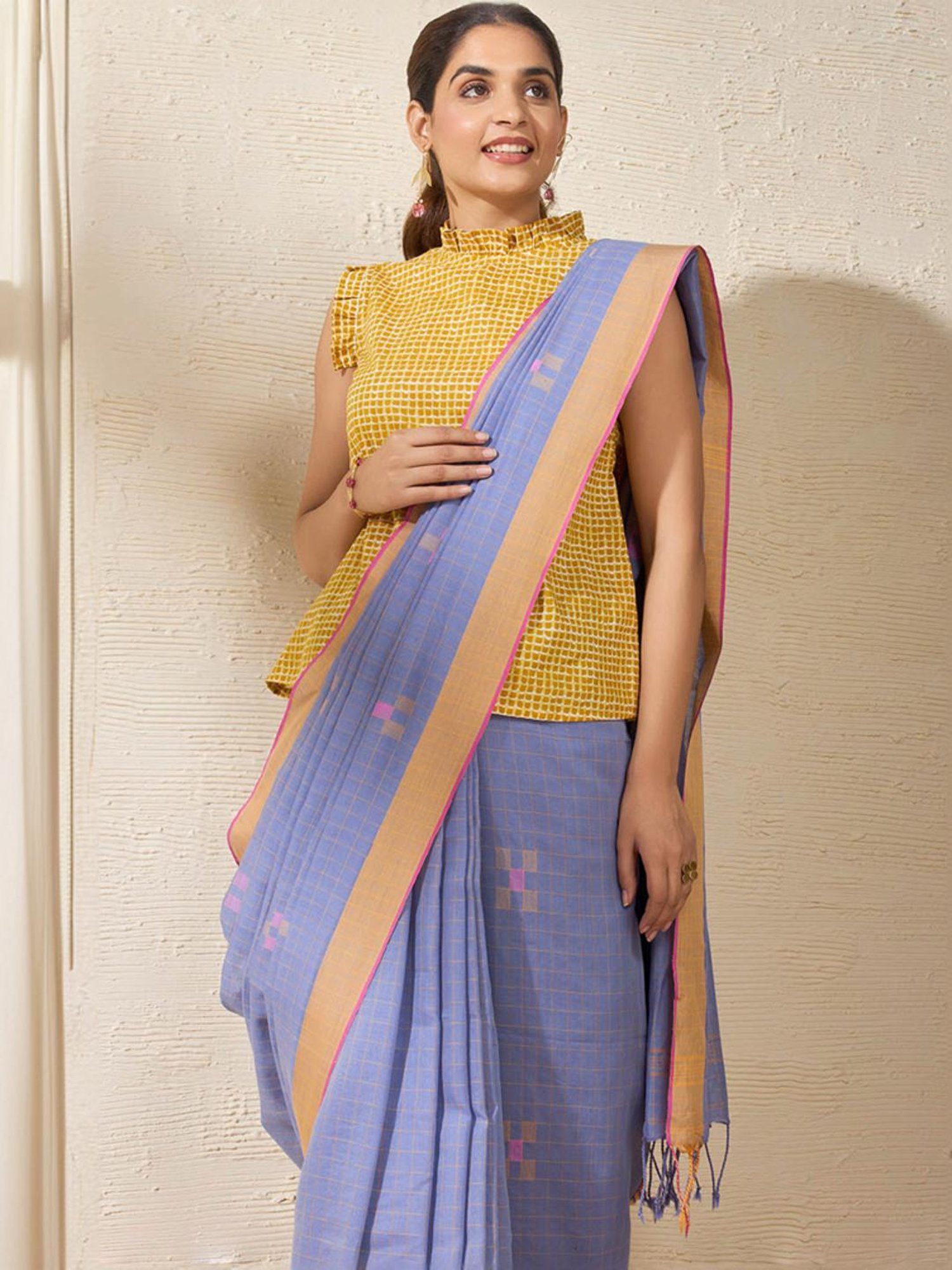 Taneira Purple Cotton Printed Saree With Unstitched Blouse