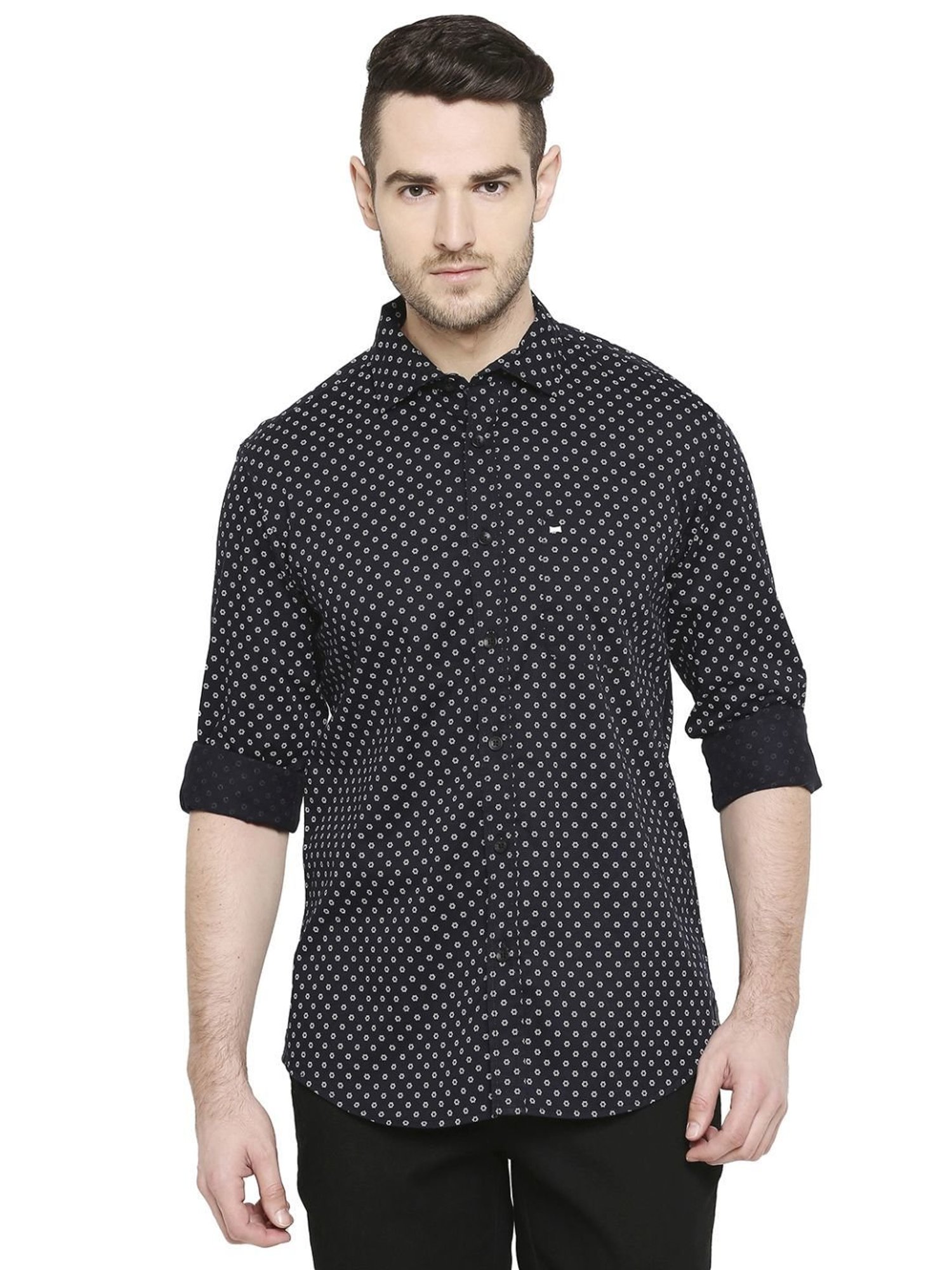 Basics Black Cotton Slim Fit Printed Shirt