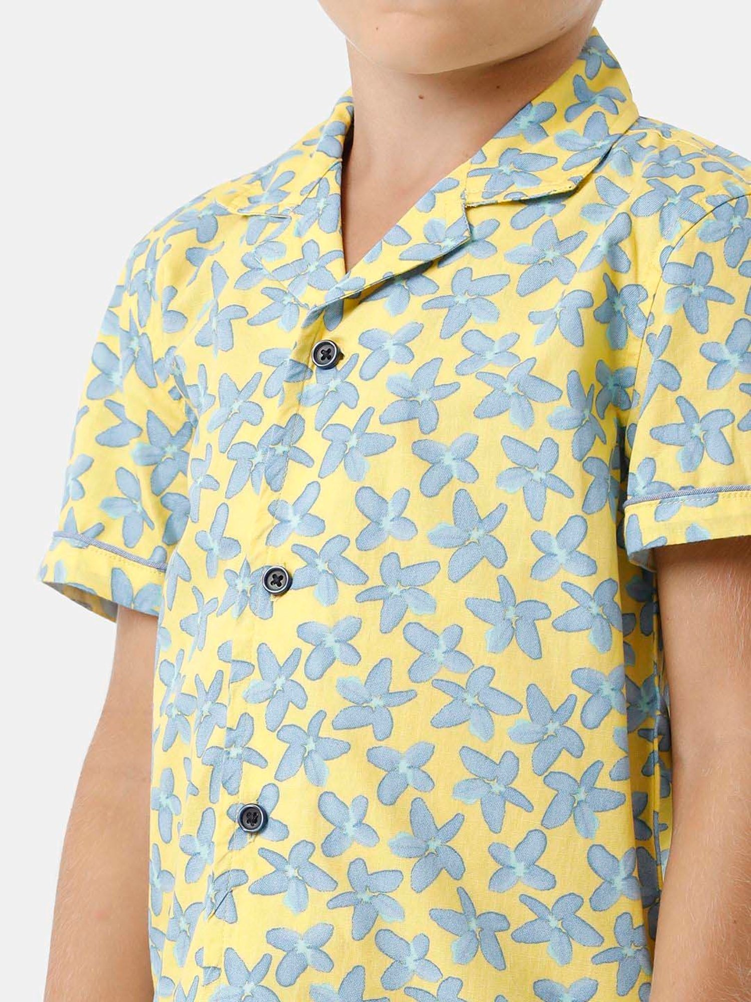 Kate & Oscar Kids Yellow & Blue Cotton Floral Print Shirt
