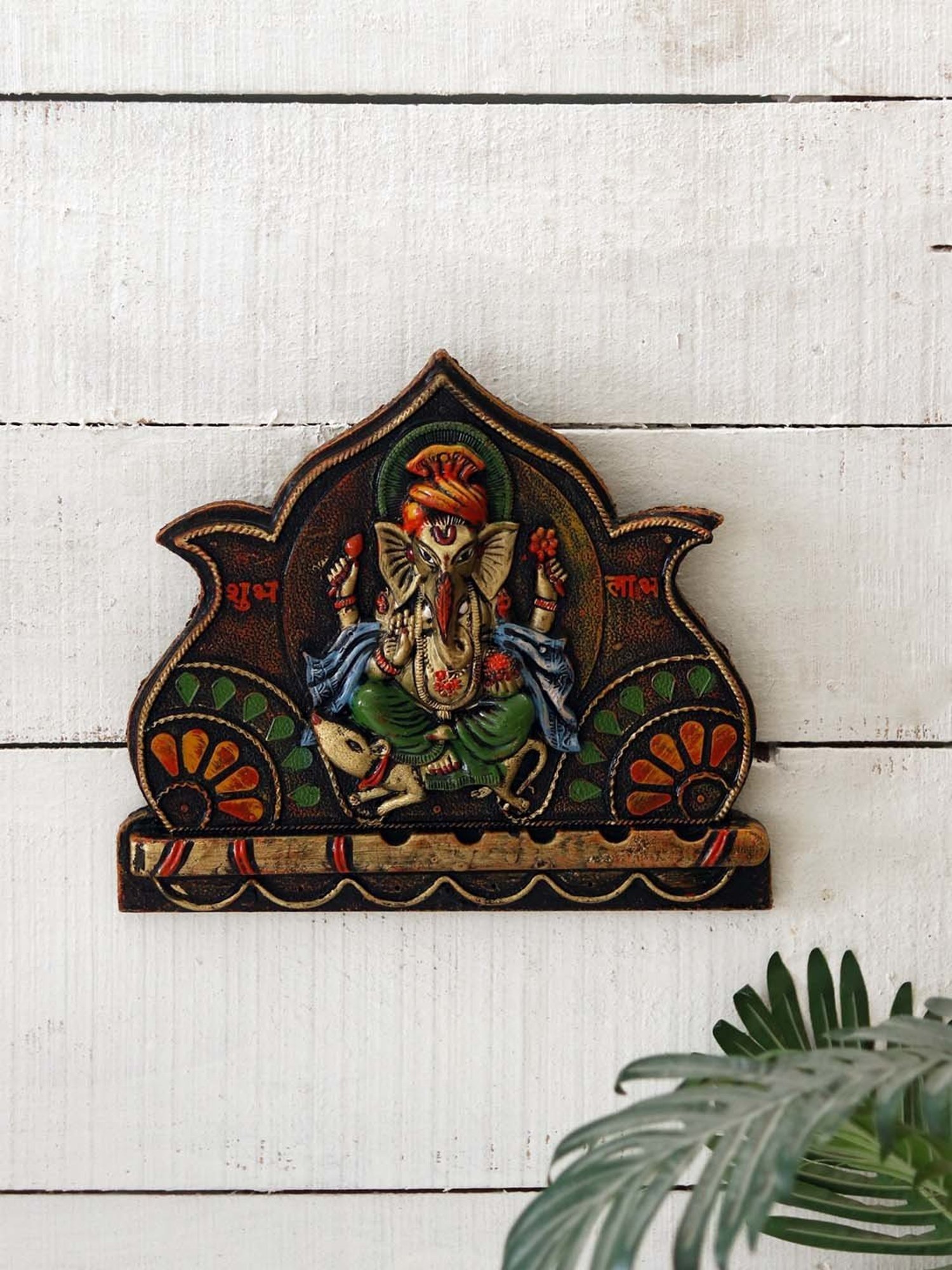 Unravel India 'Ganesha inside Lotus' Multicolor Wooden  Wall Showpiece - Set of 1