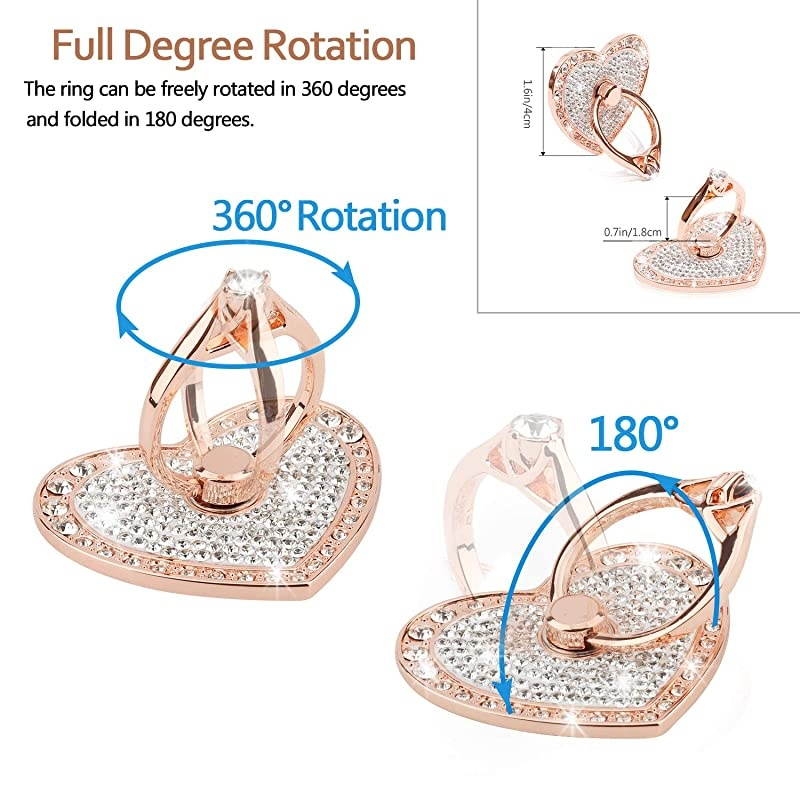 Cell Phone Finger Ring Holder with Blingy Crystals,  Heart Love Phone Ring Kickstand [Washable] [Removable], 360&deg;Rotation Zinc Alloy Ring Grip Stand for All Phones (Rose Gold)