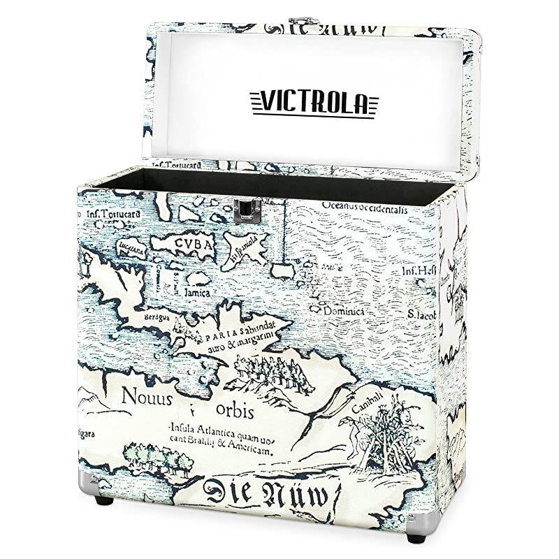 Vintage Vinyl Record Storage and Carrying Case Fits All Standard Records 33 13 45 and 78 RPM Holds 30 Albums Perfect for Your Treasured Record Collection Retro Map