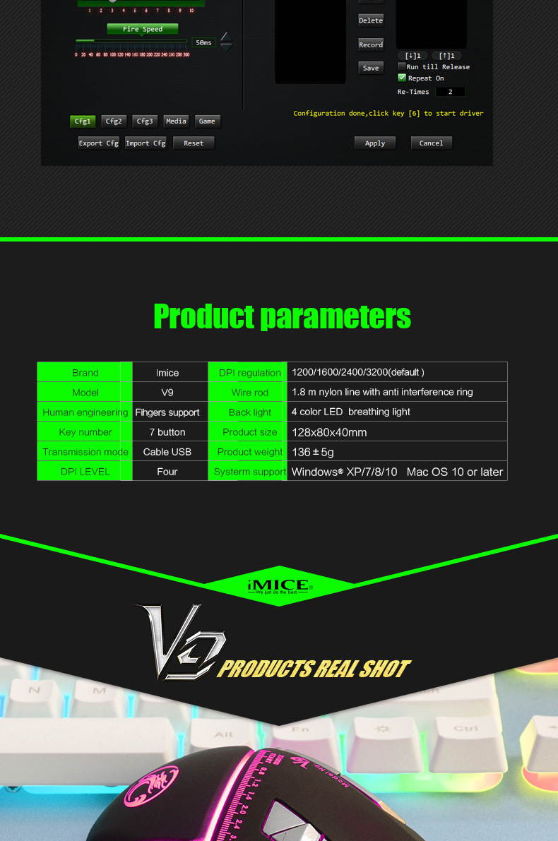 IMICE V9  Ergonomic Design, Cool Exterior 4-color Backlit 3200DPI Wired 7-Button Gaming Mouse Macro Custom - White