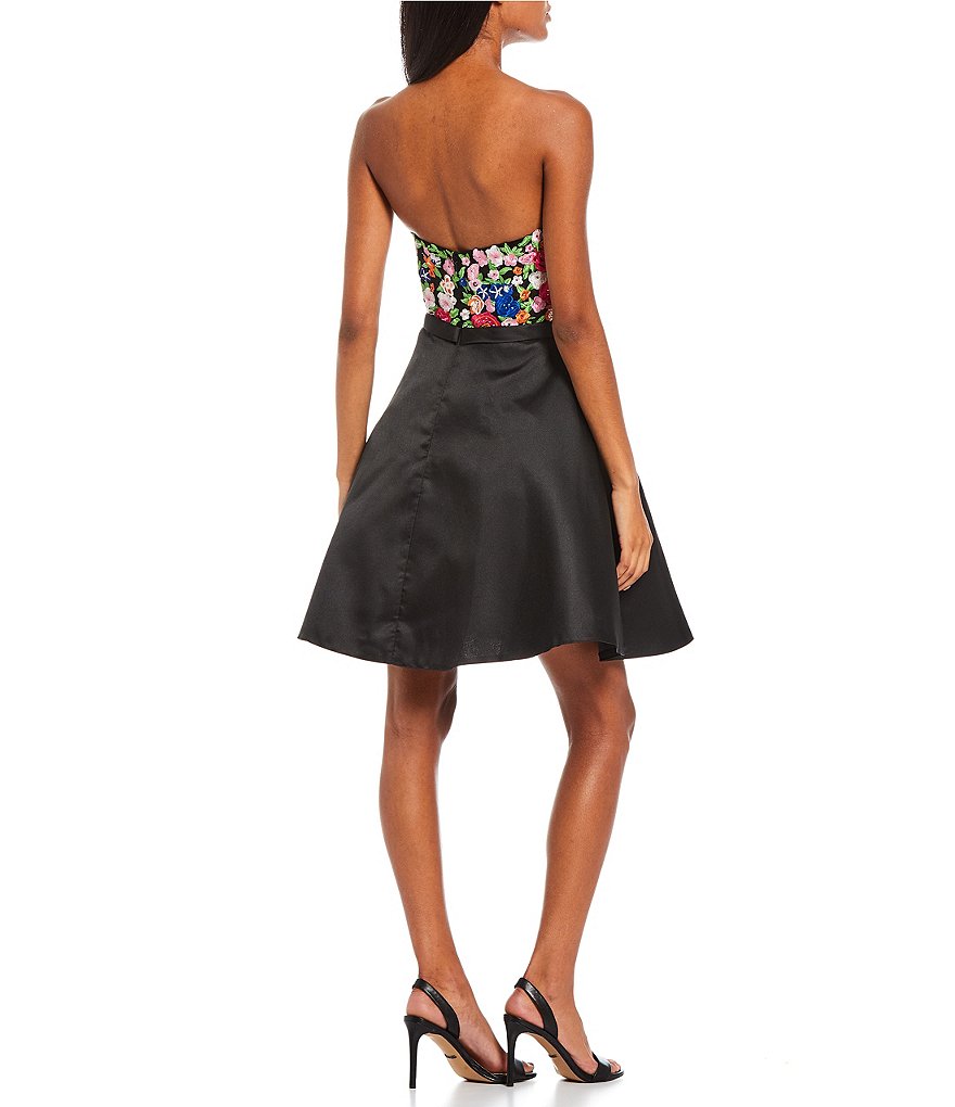 Coya Collection Strapless Floral-Embroidered/Satin Fit-And-Flare Party Dress