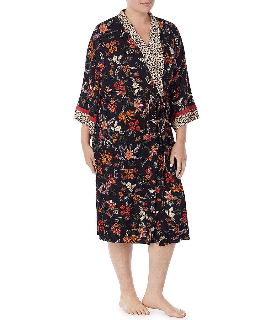 Kensie Plus Floral & Paisley Print Woven Long Wrap 3/4 Sleeve Robe