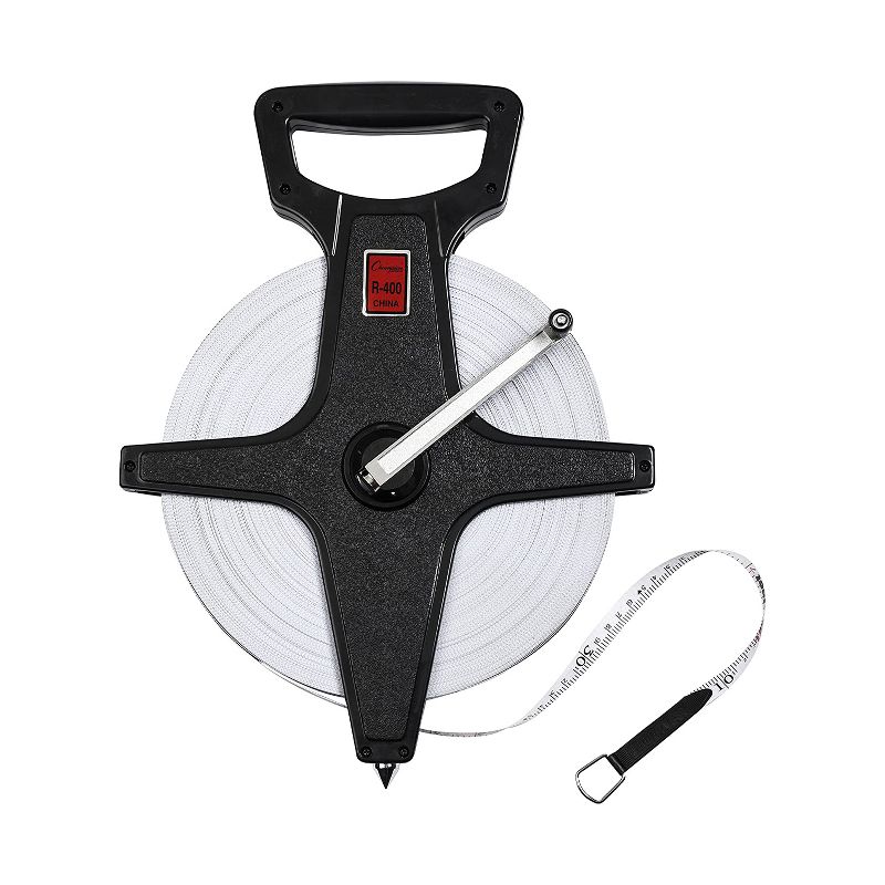 Champion Sports R400 Open Reel Winding 400 Foot/120 Meter Dual Fiberglass Measuring Tape with Metal Spike and Hand Crank, White