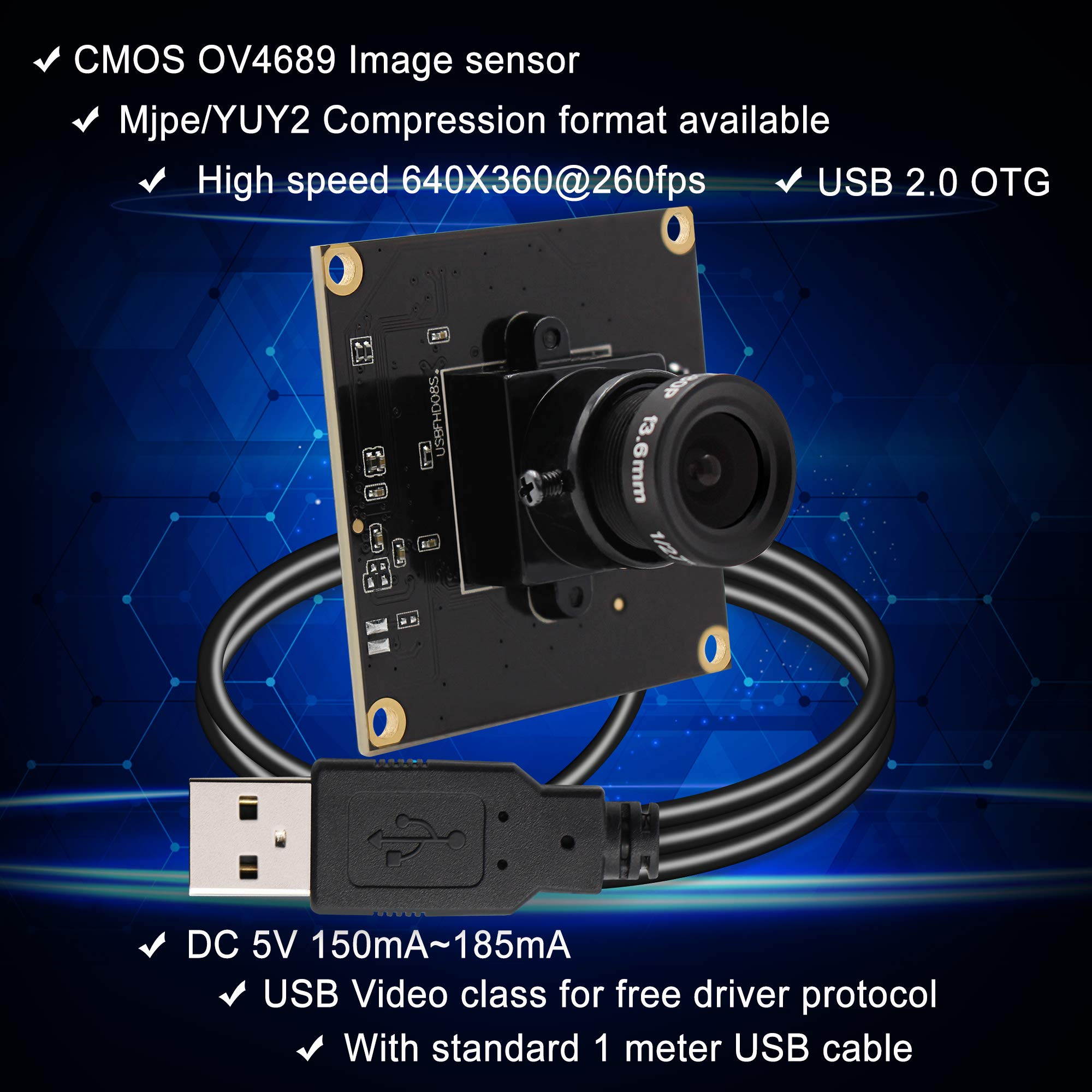 2MP Web Camera Module High Frame 640x360@ 260fps USB Webcamera 1080P Web Camera Module for Surveillance Industrial Home Web 2.0 for PC,ATM,Mobile Phone,Kiosk High Speed Webcams