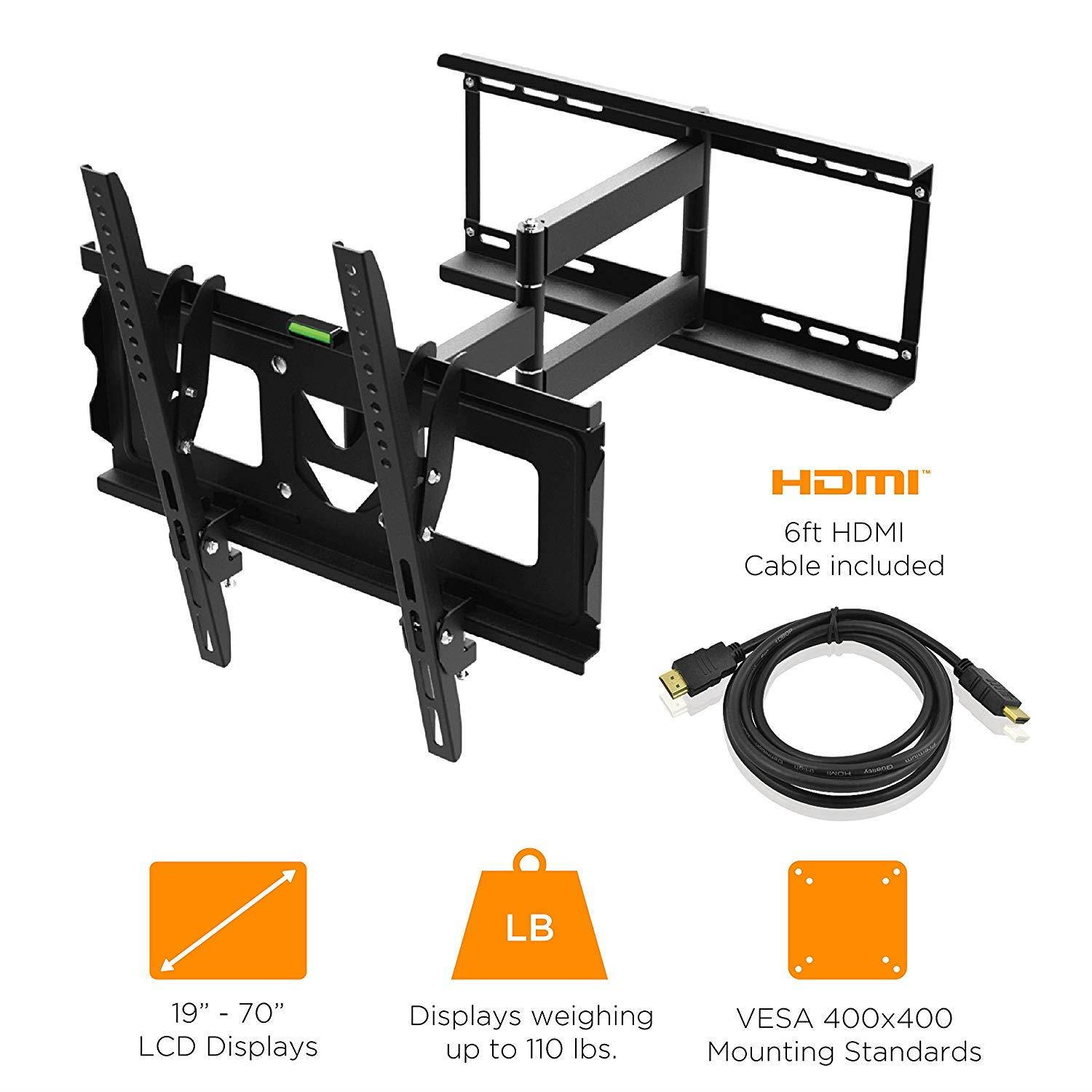 Ematic FULL MOTION Television Wall Mount 70" Inch LCD TV Screen Displays, Slim Design, Two Piece, Easy Install,