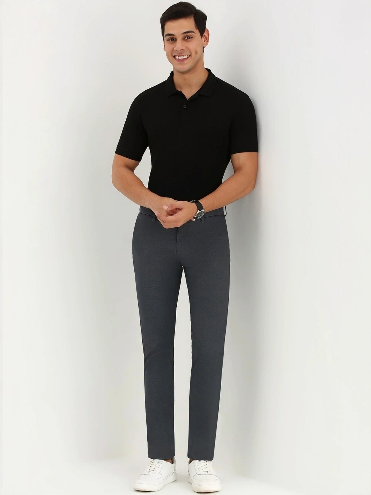 Allen Solly Grey Cotton Slim Fit Printed Trousers