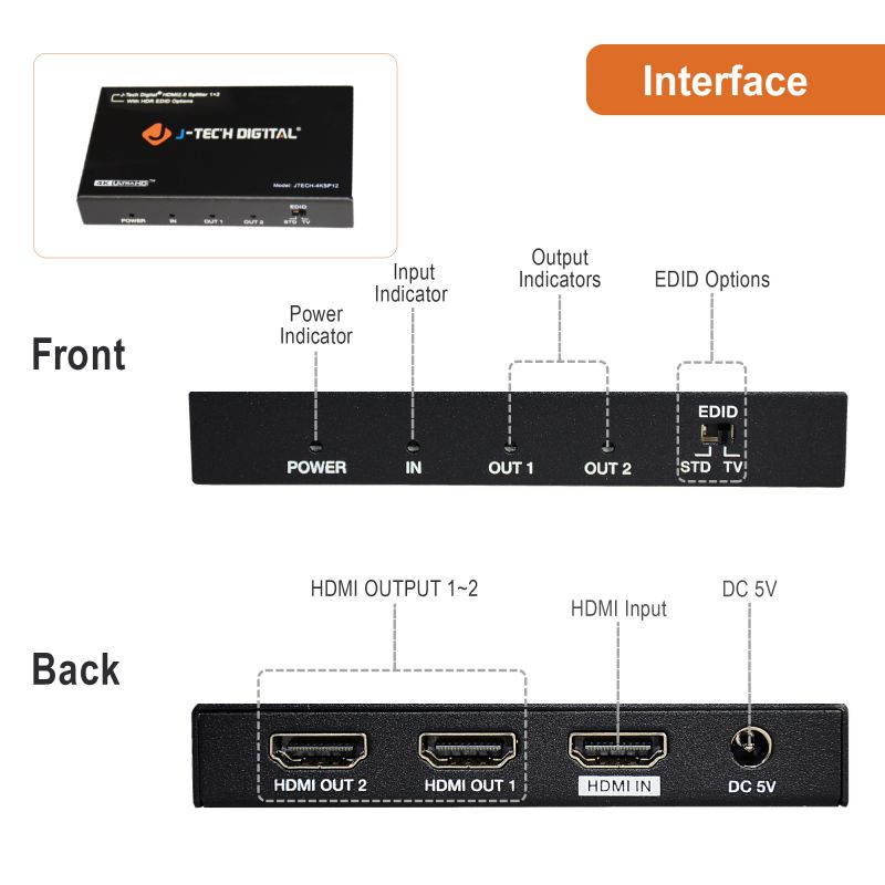 HDMI Splitter 1 in 2 out 18Gbps 4K@60Hz HDR10, DOLBY VISION by J-Tech Digital HDMI 2.0b, HDCP 2.2 compliant with smart EDID control, supports VESA video formats [JTECH-4KSP12]