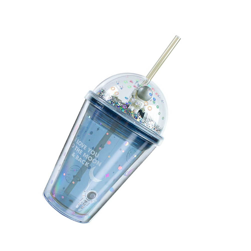 1pc Plastic Cup Cartoon Straw Cup Portable Double Layer Drinking Cup Creative Space Odyssey Pattern Bottles(380ml)