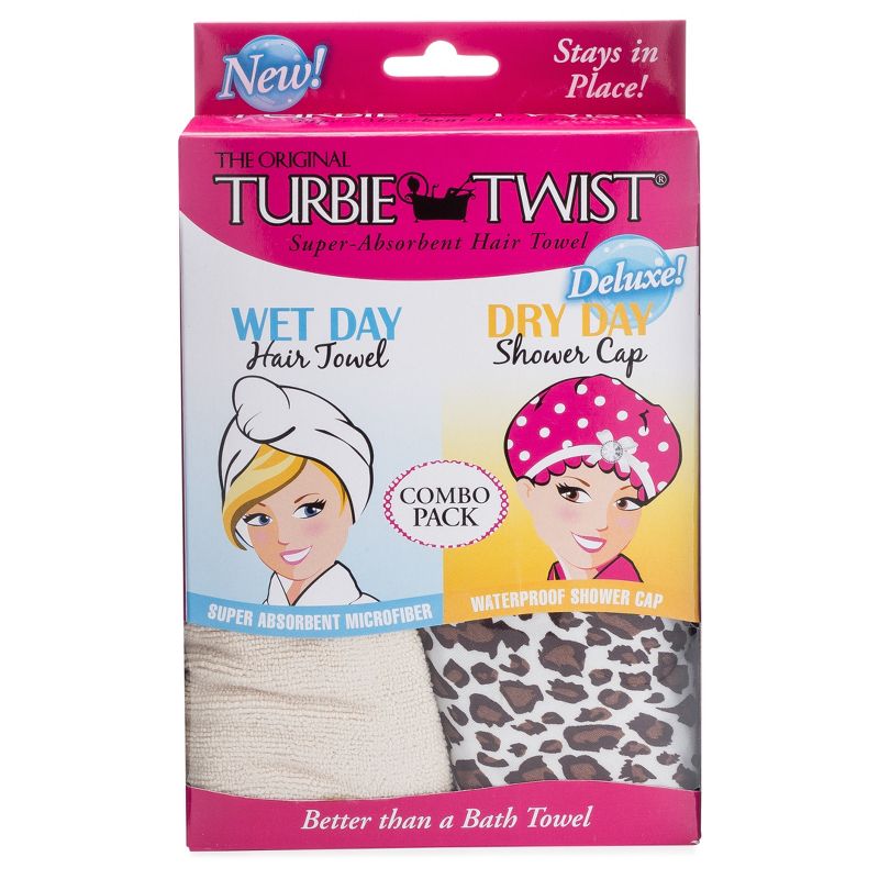 Turbie Twist Cream Microfiber Hair Towel and Leopard Shower cap
