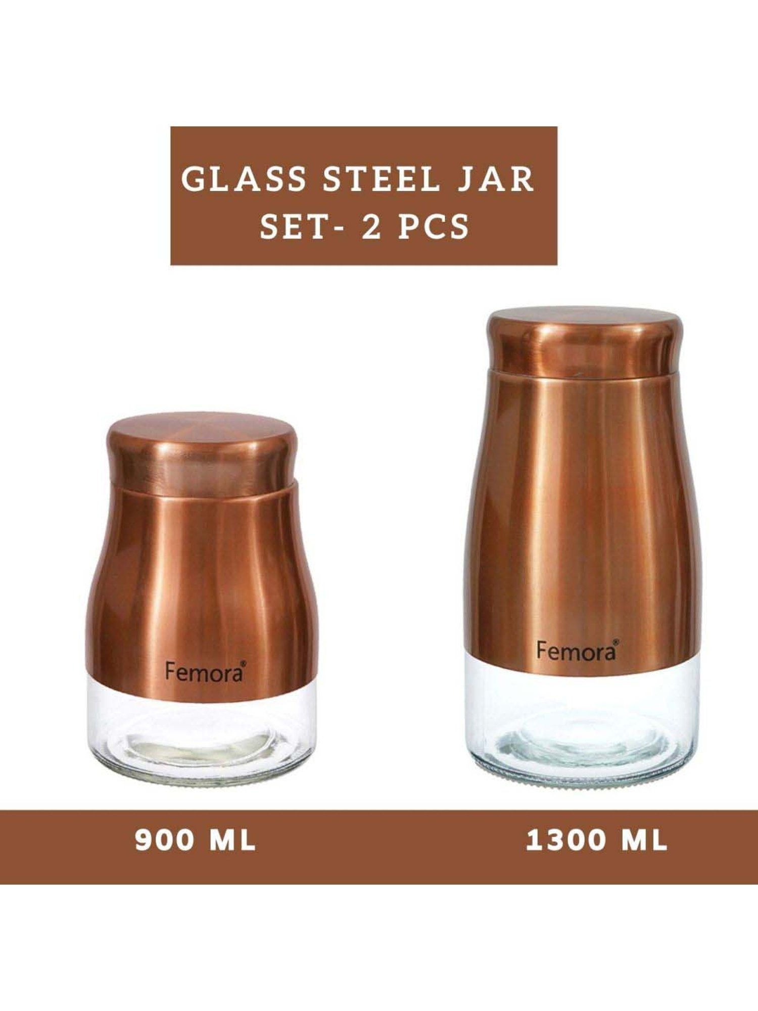 Femora Clear Glass & Steel Metallic Storage Jars (900 ml & 1300 ml) - Set of 2