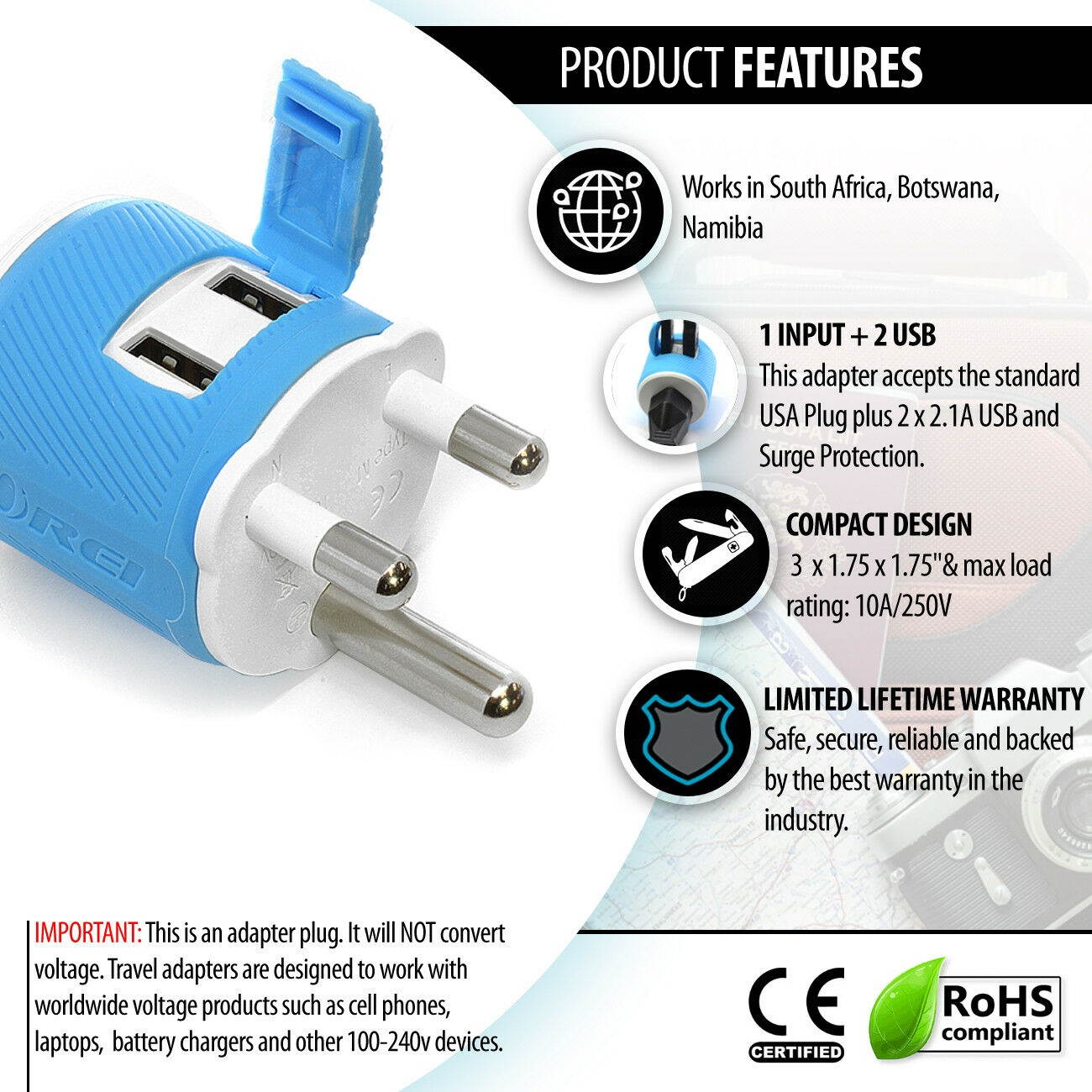 Orei South Africa, Botswana, Namibia Travel Plug Adapter with Dual USB - USA Input + Surge Protection - Type M (U2U-10L), Will work with Cell Phones, Camera, Laptop, Tablets, iPad, iPhone