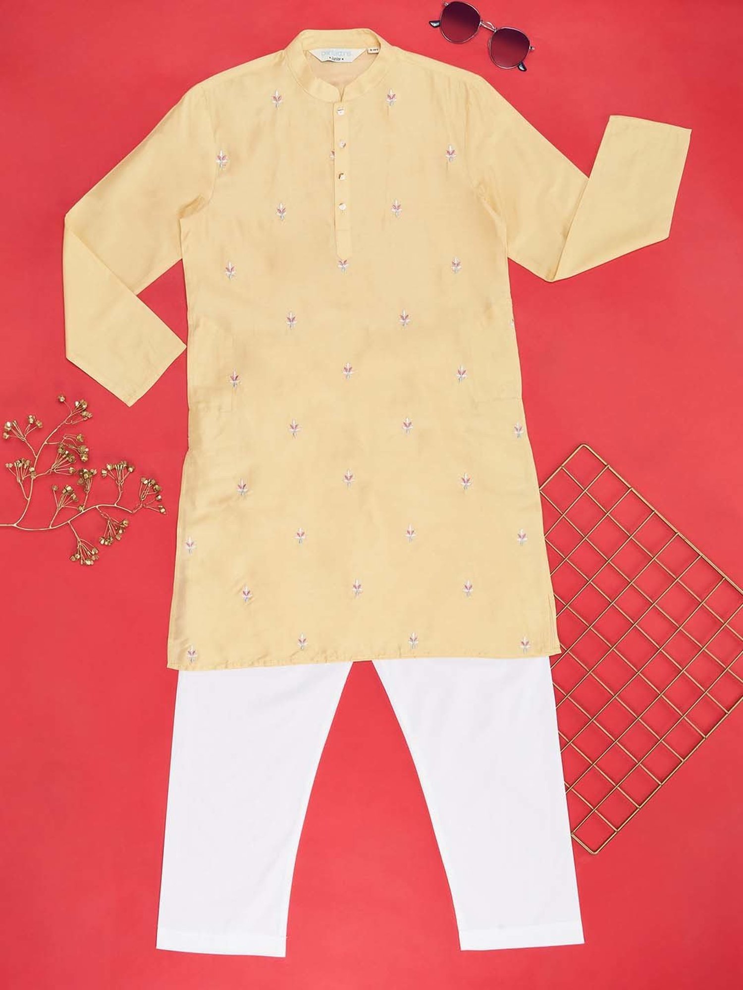 Indus Route by Pantaloons Kids Honey Mustard & White Embroidered Full Sleeves Kurta Set