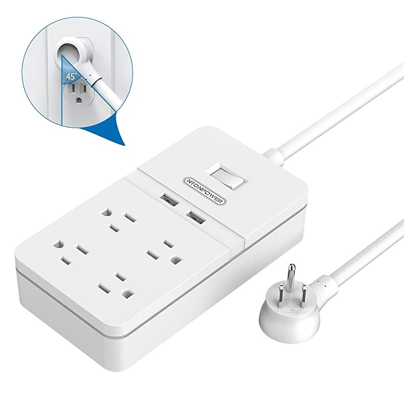 Flat Plug Power Strip with USB  Mountable Surge Protector Power Strip 4 Outlet 2 USB Desktop Charging Station 5ft Extension Cord ETL Listed 15A Circuit Breaker for Home Office White