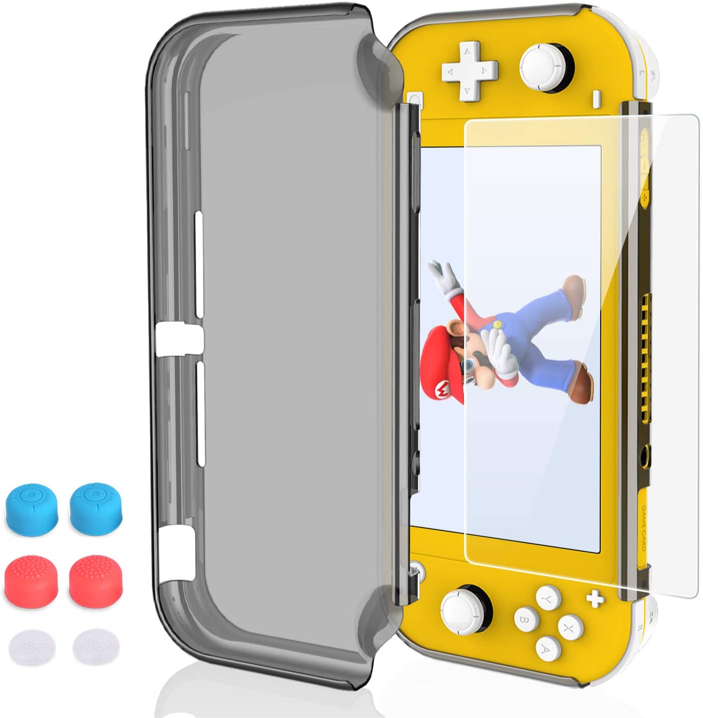Case for Nintendo Switch Lite, HEYSTOP PC Clear Protective Case Cover for Nintendo Switch Lite with Switch Lite Tempered Glass Screen Protector and Thumb Stick Caps(Black)