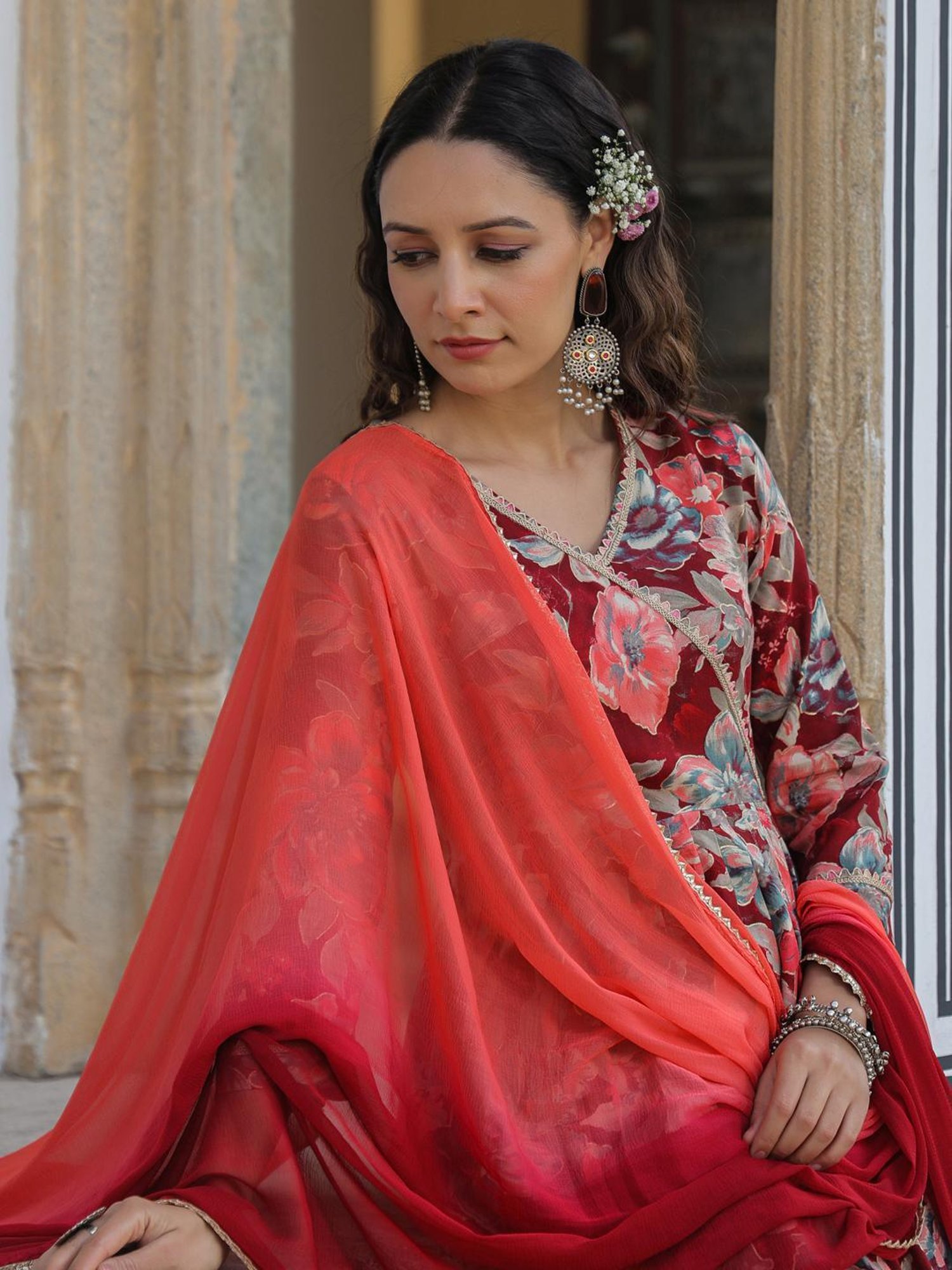 Rain and Rainbow Maroon Floral Print Kurta & Pant Set With Dupatta