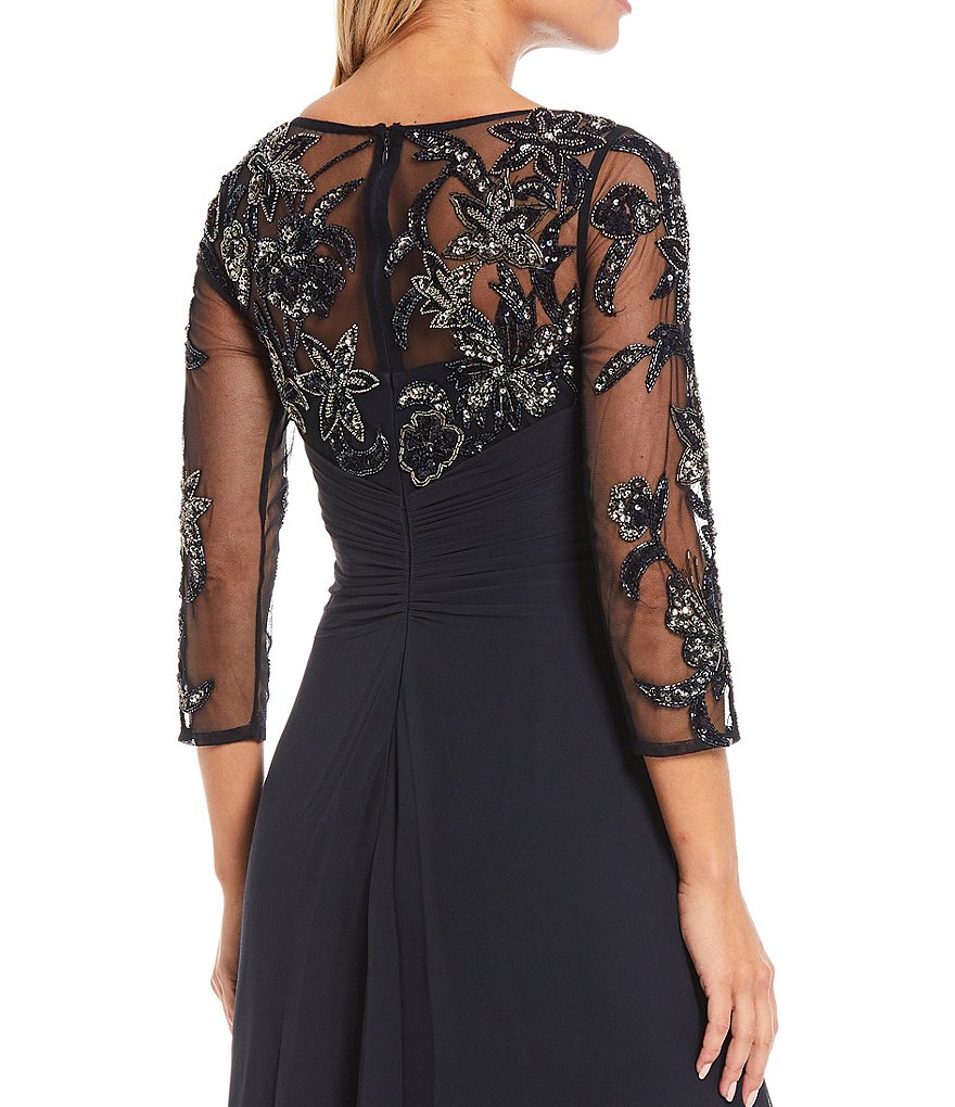 Adrianna Papell Beaded Bodice Round Neck 3/4 Sleeve Jersey Long Gown