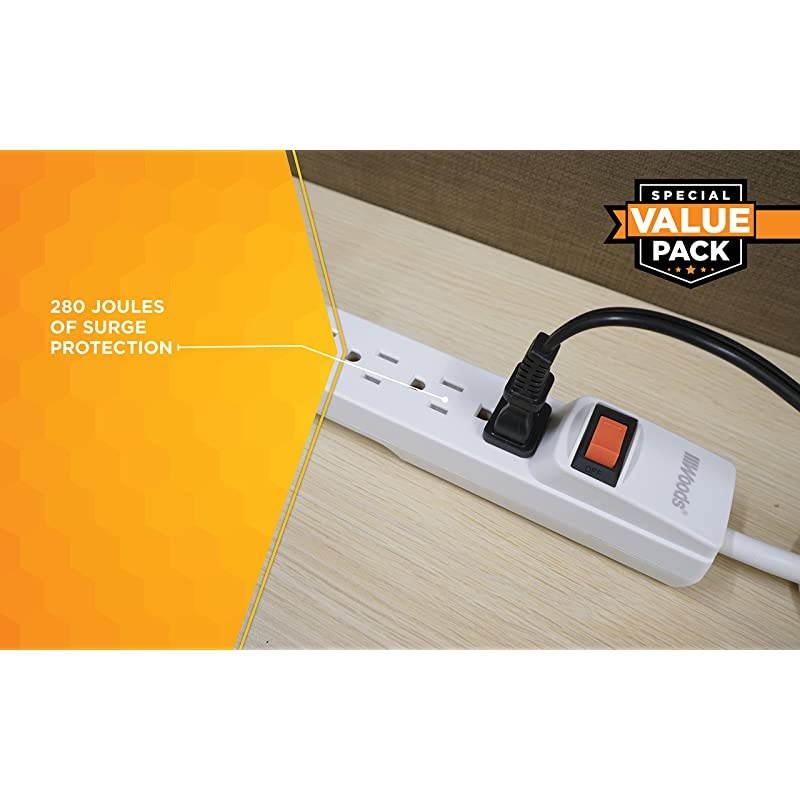 41346 Surge Protector with Overload Safety Feature 6 Outlets and 25 ft Cord for 280J of Protection White 2 Pack