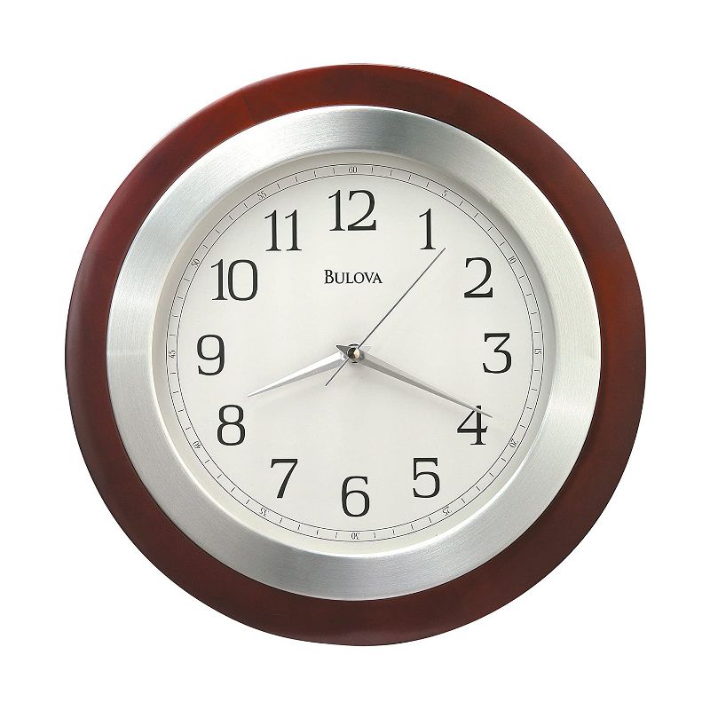 Bulova Clocks C4228 Reedham 14 Inch Solid Wood Arabic Numerals Wall Clock with Solid Wood Case and Brushed Aluminum Bezel, Walnut Finish