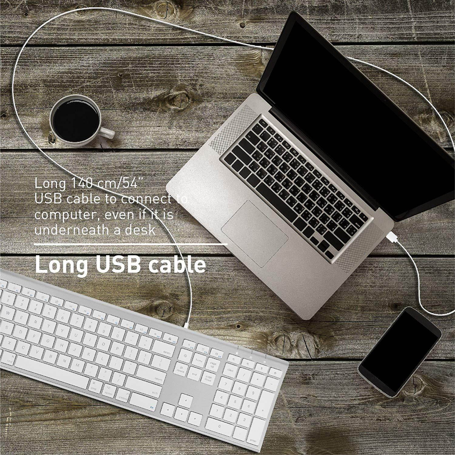 Macally Ultra-Slim USB Wired Computer Keyboard for Apple MacBook Pro/Air, iMac, Mac Mini, Mac Pro, Windows PC Laptops/Desktops and Notebooks | Plug and Play - No Drivers | Silver Finish (ACEKEYA)