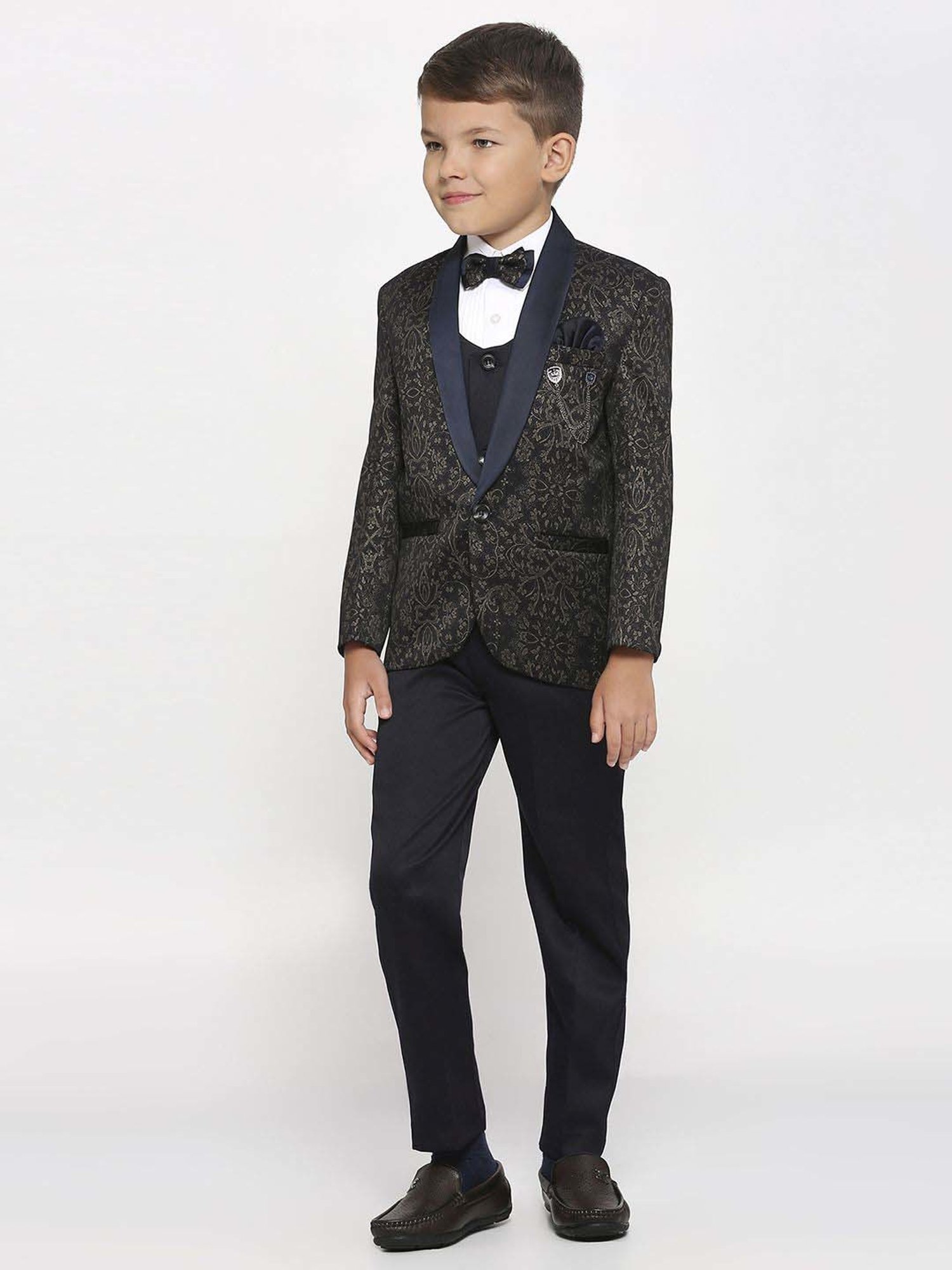 Kids Island Boys Blue & White Printed Full Sleeves Suit Set