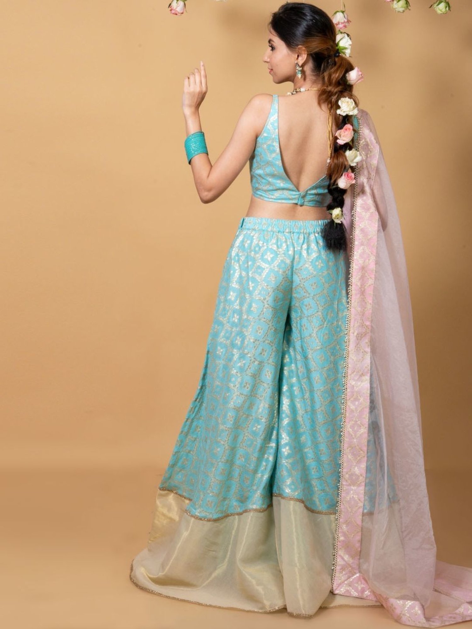 Monk and Mei Sitara Multi Nitya Brocade Sharara Blouse Dupatta Set