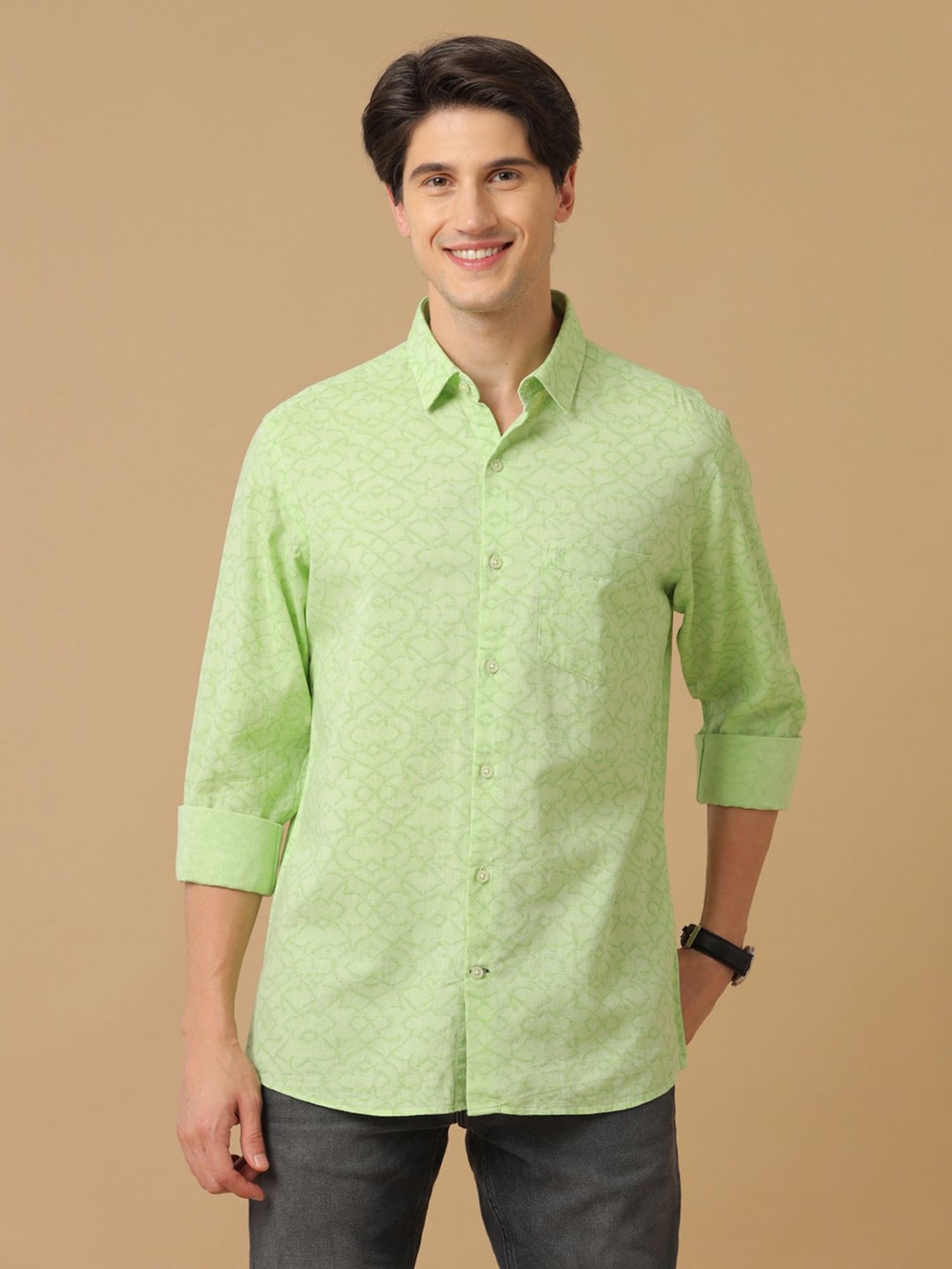 CAVALLO by Linen Club Green Contemporary Fit Printed Shirt