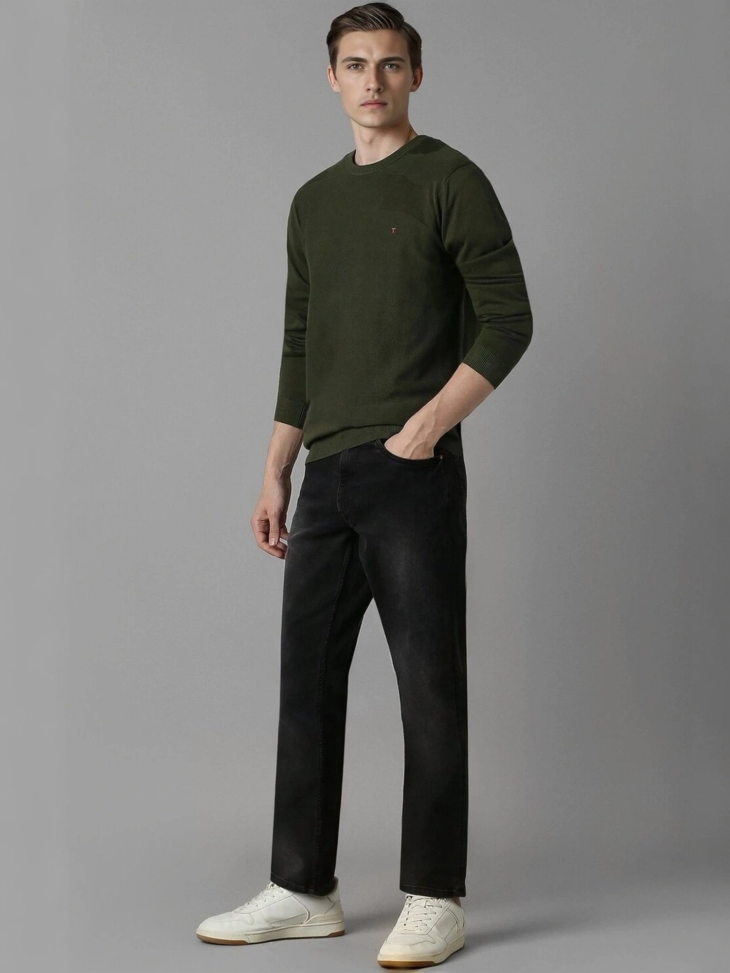 Louis Philippe Green Cotton Regular Fit Printed Sweater