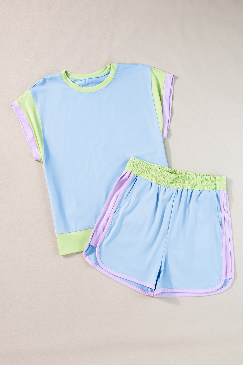 Blue Color Block Loose Fit Top and Elastic Waist Shorts Set