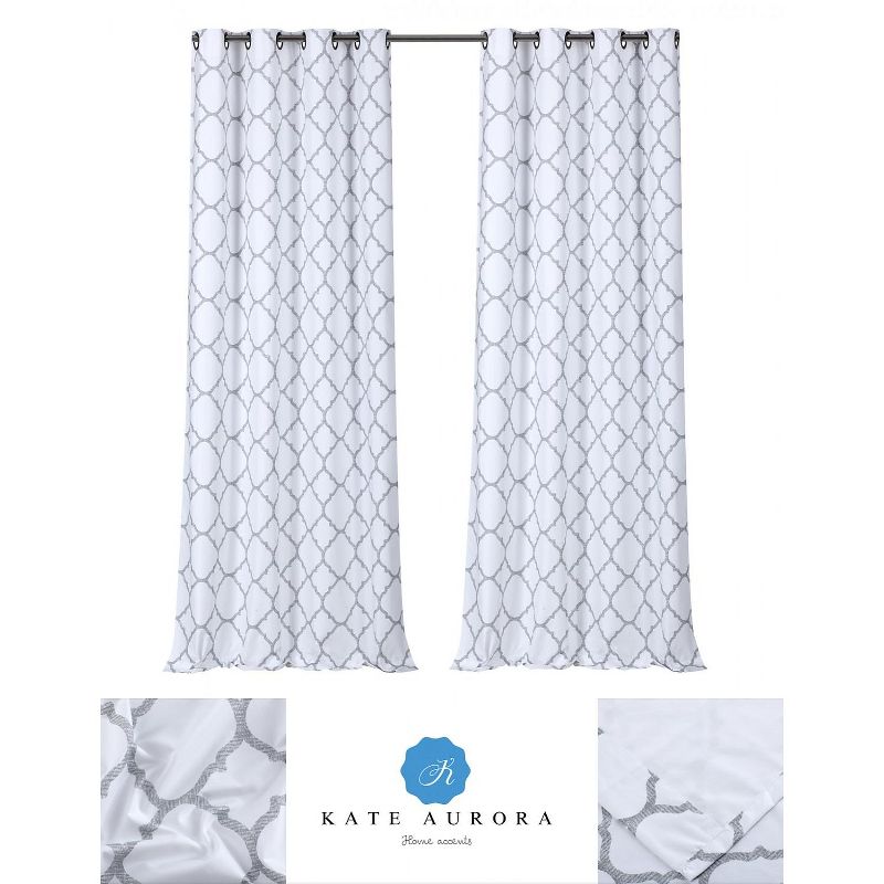 Kate Aurora 2 Pack: Kate Aurora Thermal Lined Gray & White Trellis Grommet Blackout Curtains - 52 in. W x 84 in. L