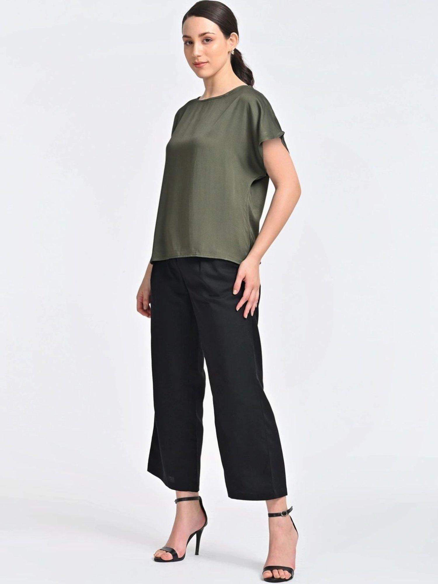 Saltpetre Olive Boat Neck Top With Black Trouser Co-ords Set
