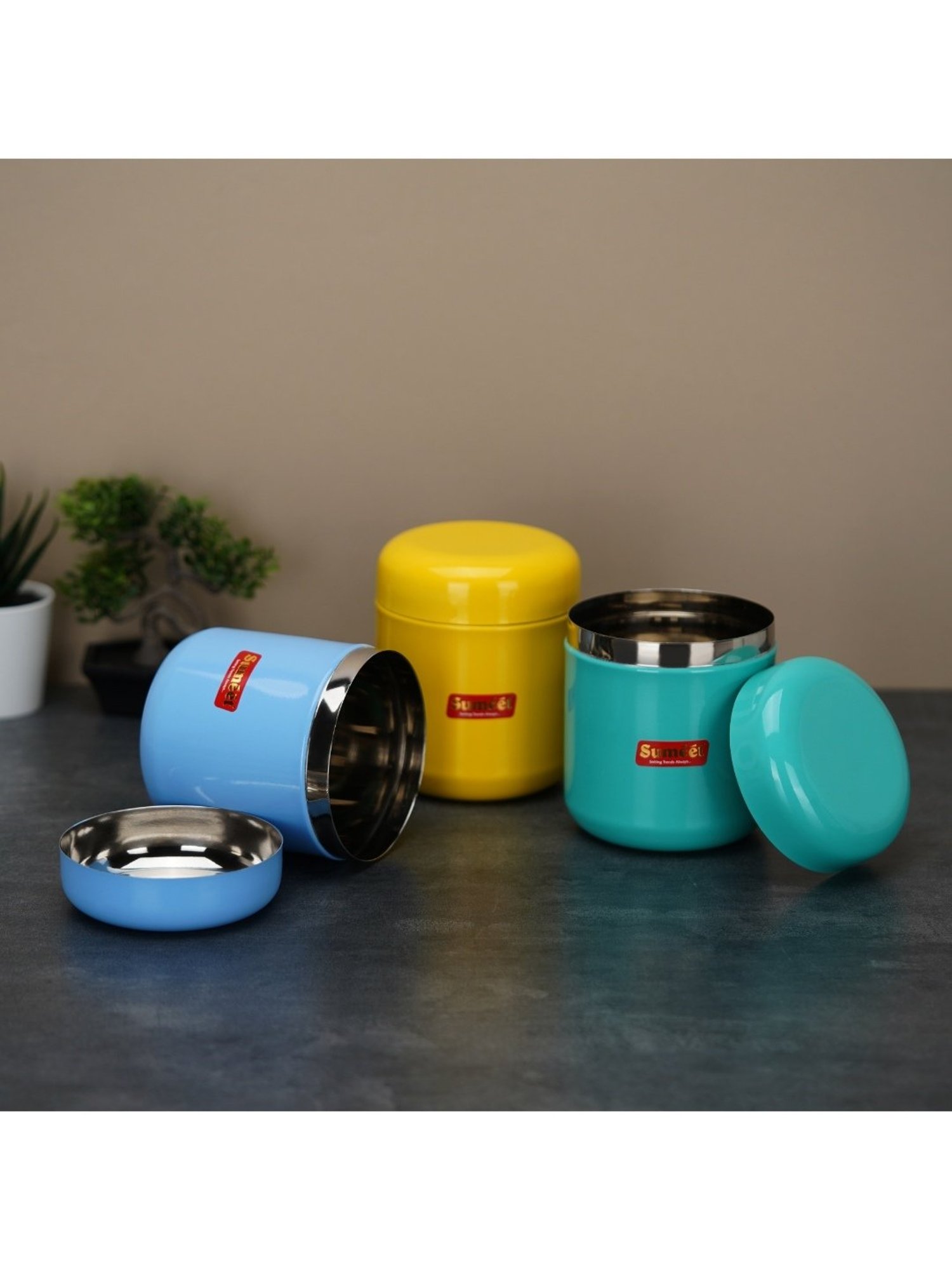 Sumeet S.S. Multi Color Small Canisters/Jars/Storage Containers set of 3Pc,750ml capacity each,9cm