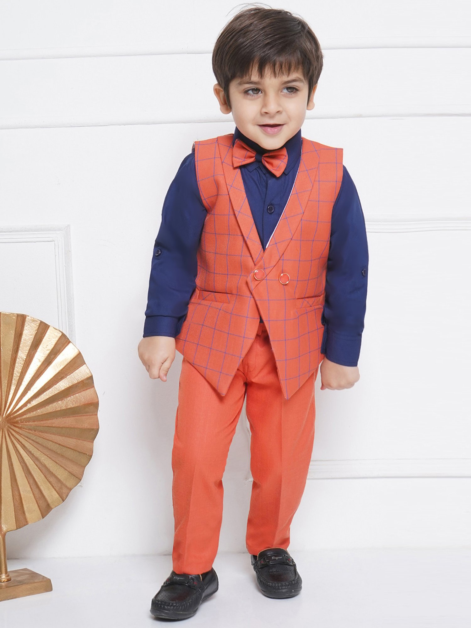 AJ Dezines Kids Red & Navy Checks Full Sleeves Shirt, Pants, Waistcoat with Bow Tie