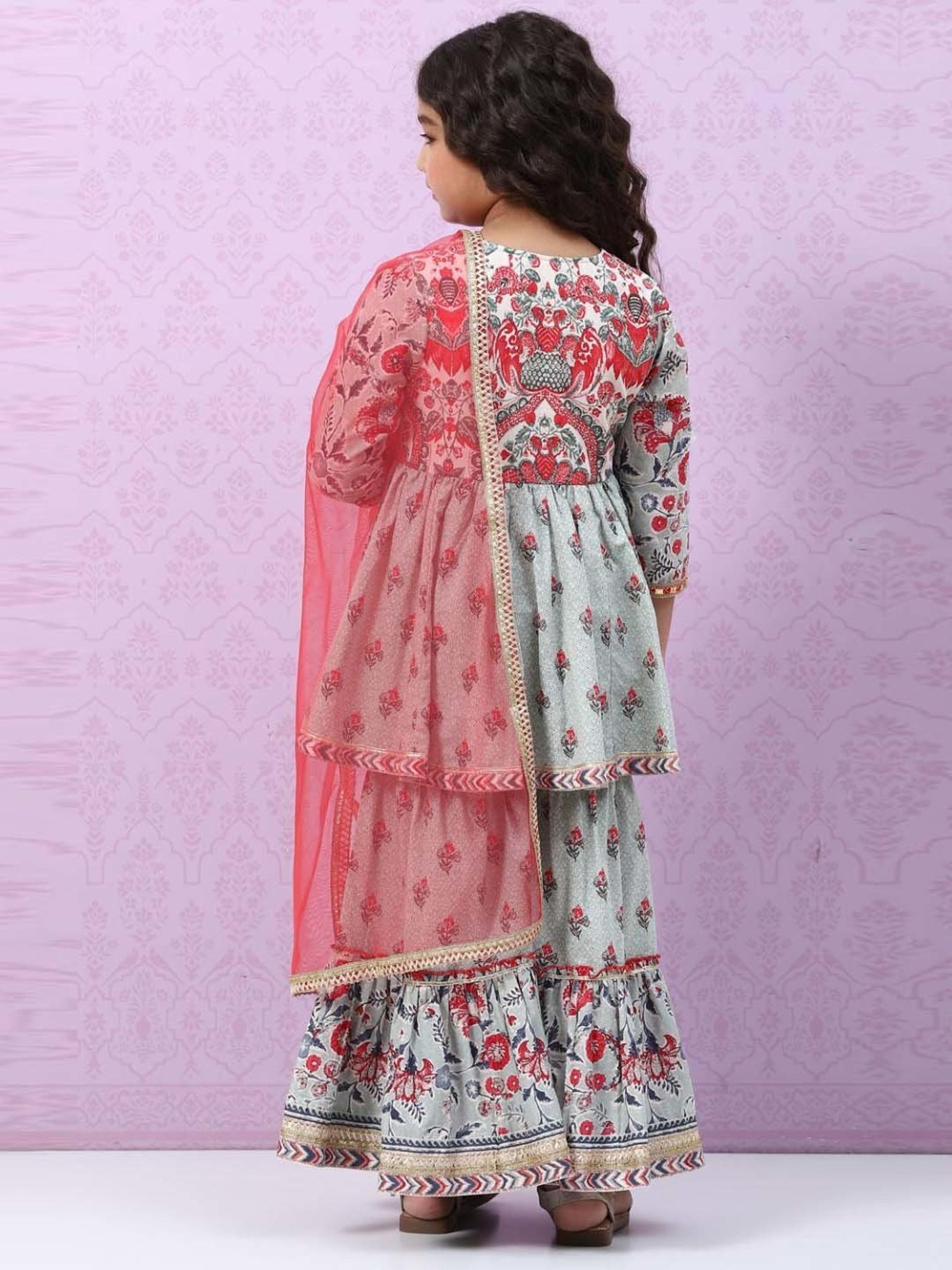 Biba Kids Smokey Blue & Pink Cotton Printed Kurta Set