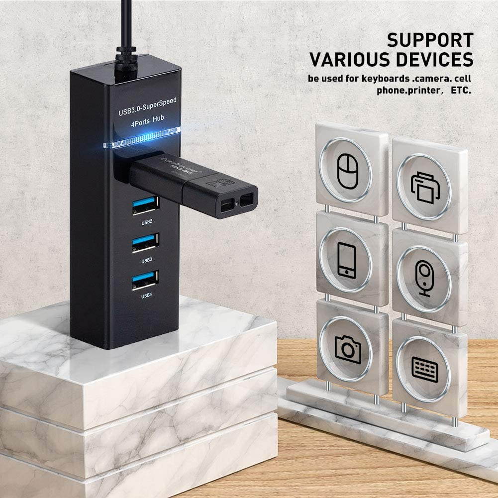 4 Port USB Hub Adapter - High Speed USB 3.0 Hub Multiport Adapter with LED Indicator for Keyboard &Mouse / Printer / USB Fan &Lamp / Portable Storage Device, Flash Drives, Portable USB Hub