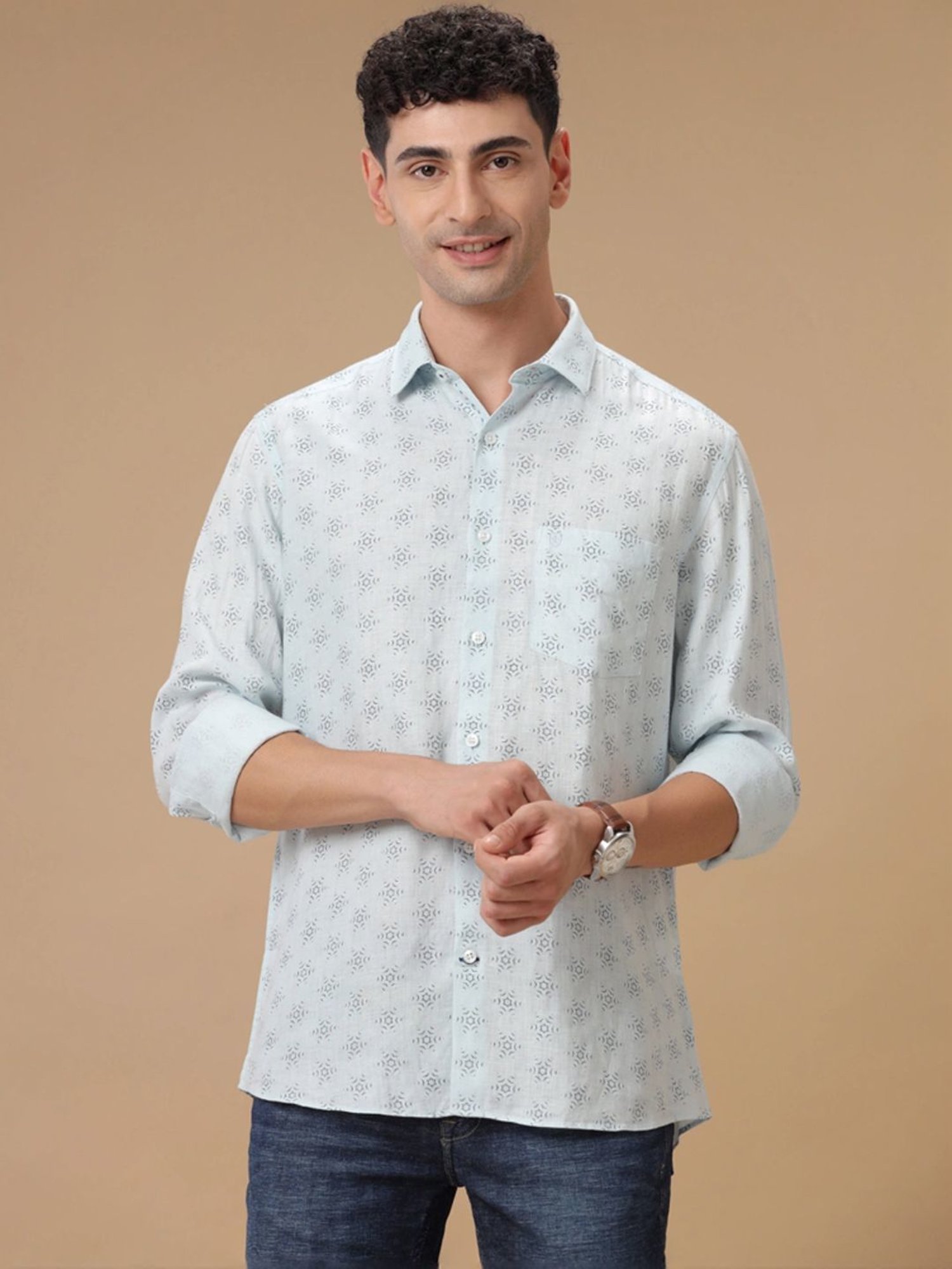 Linen Club Blue Linen Contemporary Fit Printed Shirt