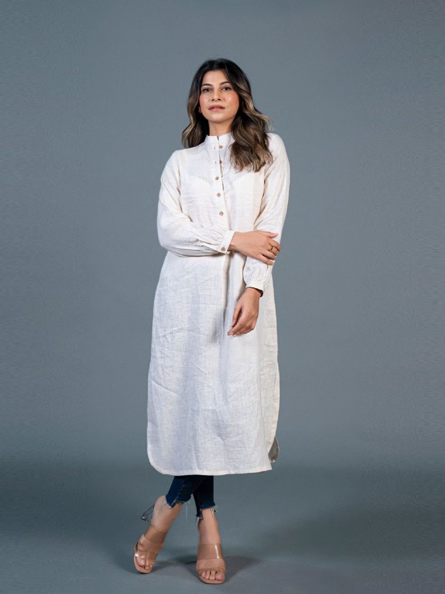 Eeshva India Beige Jabha Style Linen Kurta