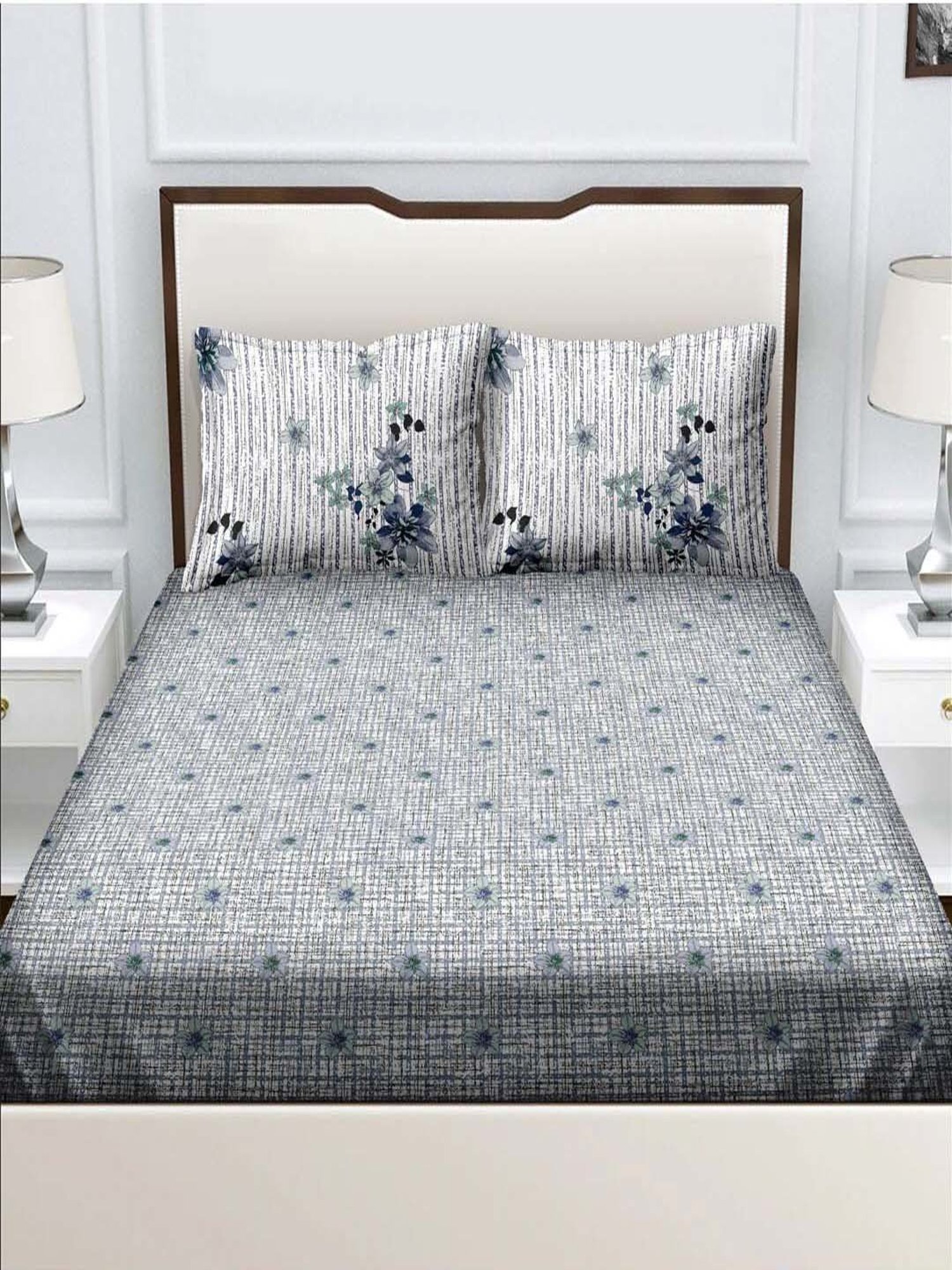 BELLA CASA Genteel Floral Teal Blue 180 TC Cotton Bedsheet with 2 Pillow Covers