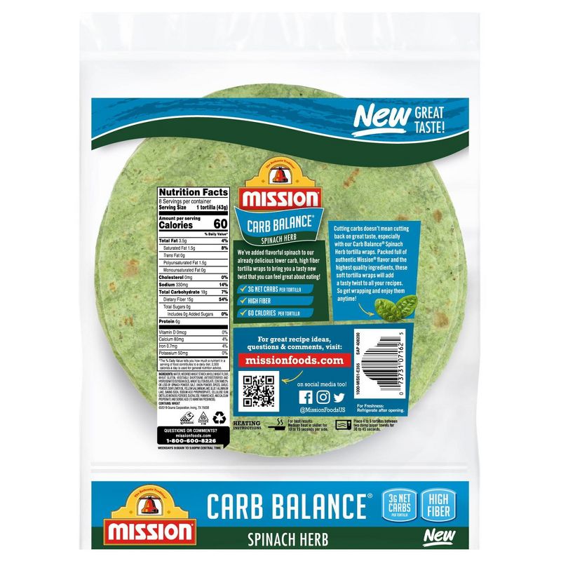 Mission Carb Balance Super Soft Spinach Herb Tortillas - 12oz/8ct