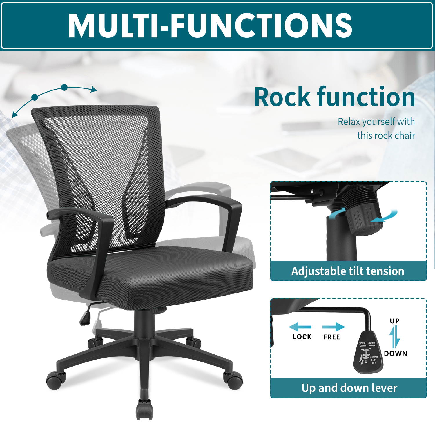 Furmax Office Chair Mid Back Swivel Lumbar Support Computer Ergonomic Mesh Chair with Armrest (Black)