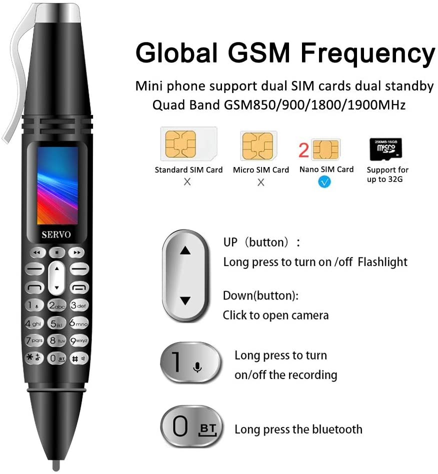 Pen Mini Cell Phone Bluetooth Dialer 0.96" Tiny Screen Mobile Phone Support GSM Dual SIM Max 32G TF Card with Camera Flashlight FM Radio Music Player Rechargeable (Black)