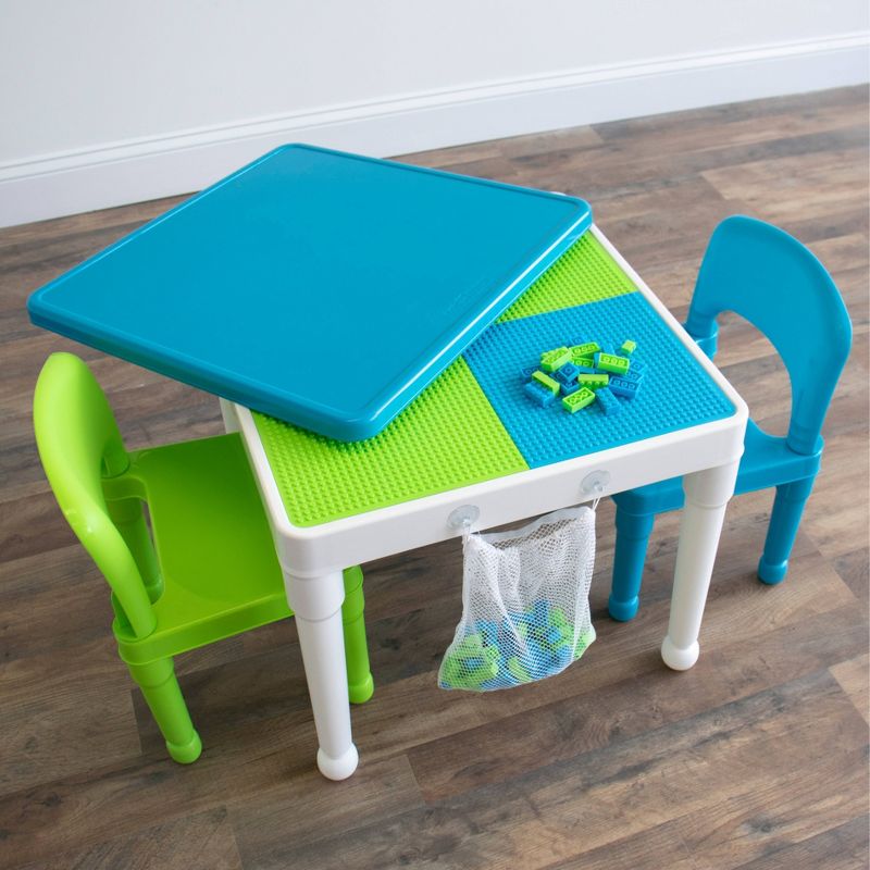 Kids' 2 in 1 Square Activity Table and Chair Set with 100pc Building Blocks White/Green/Blue - Humble Crew