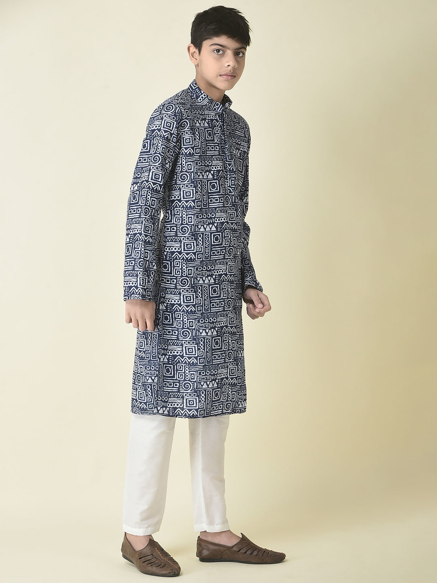 TABARD Kids Navy & White Printed Full Sleeves Kurta with Churidar