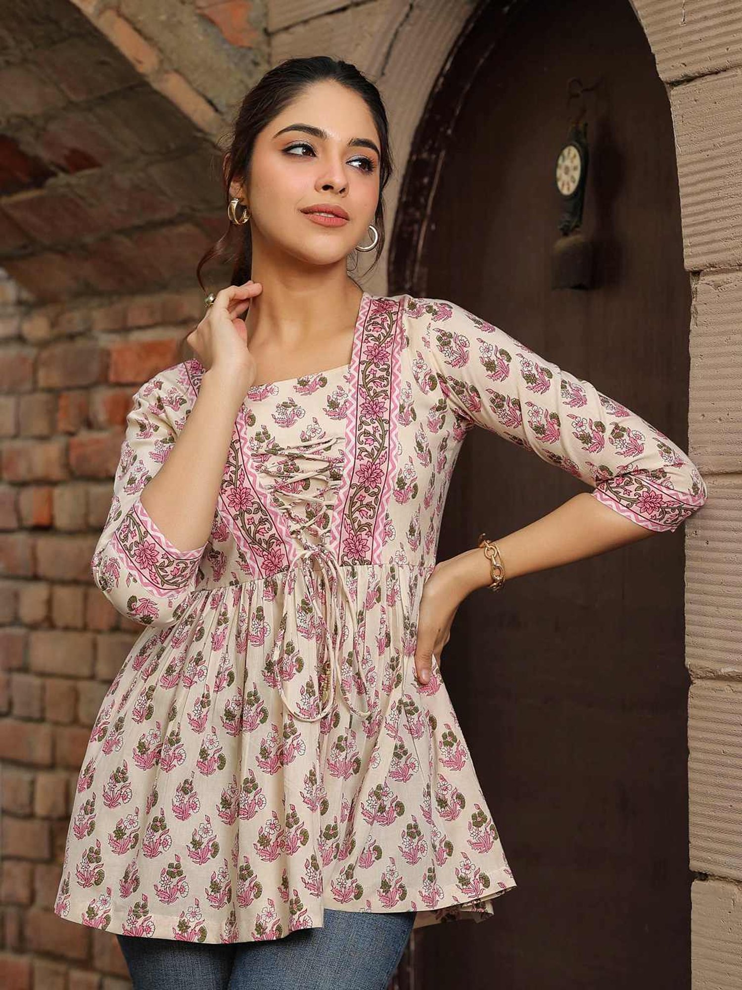 Rain and Rainbow Cream & Pink Cotton Floral Print Top