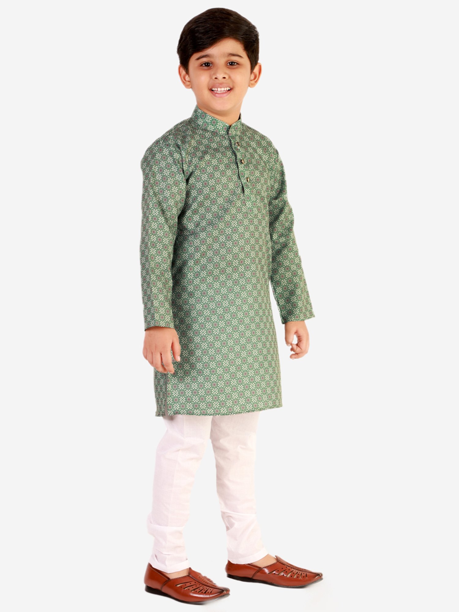 Pro-Ethic Style Developer Kids Green & White Floral Full Sleeves Kurta with Pyjamas